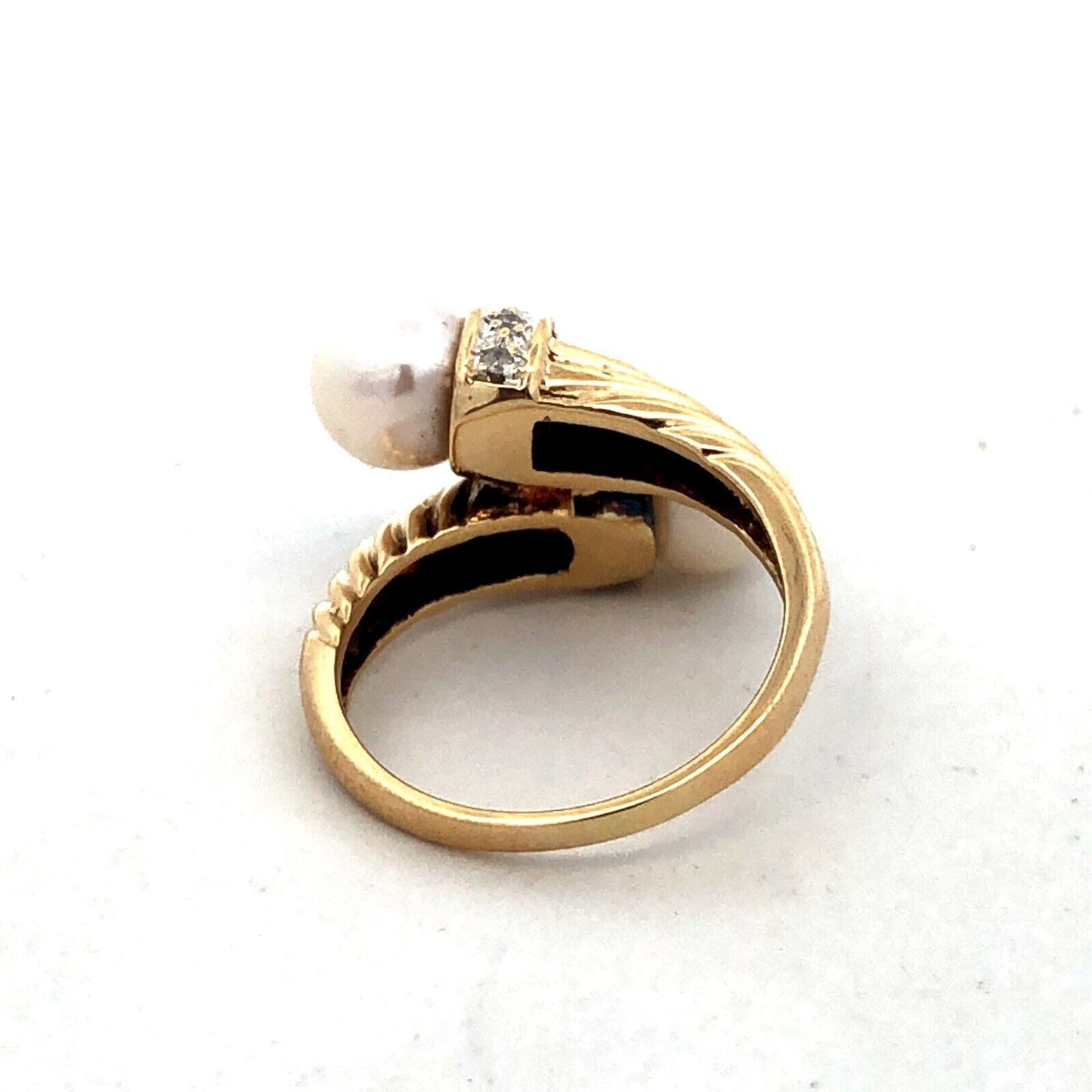 Designer H 14K Yellow Gold Round Pearl Diamond Twist Textured Bypass Ring