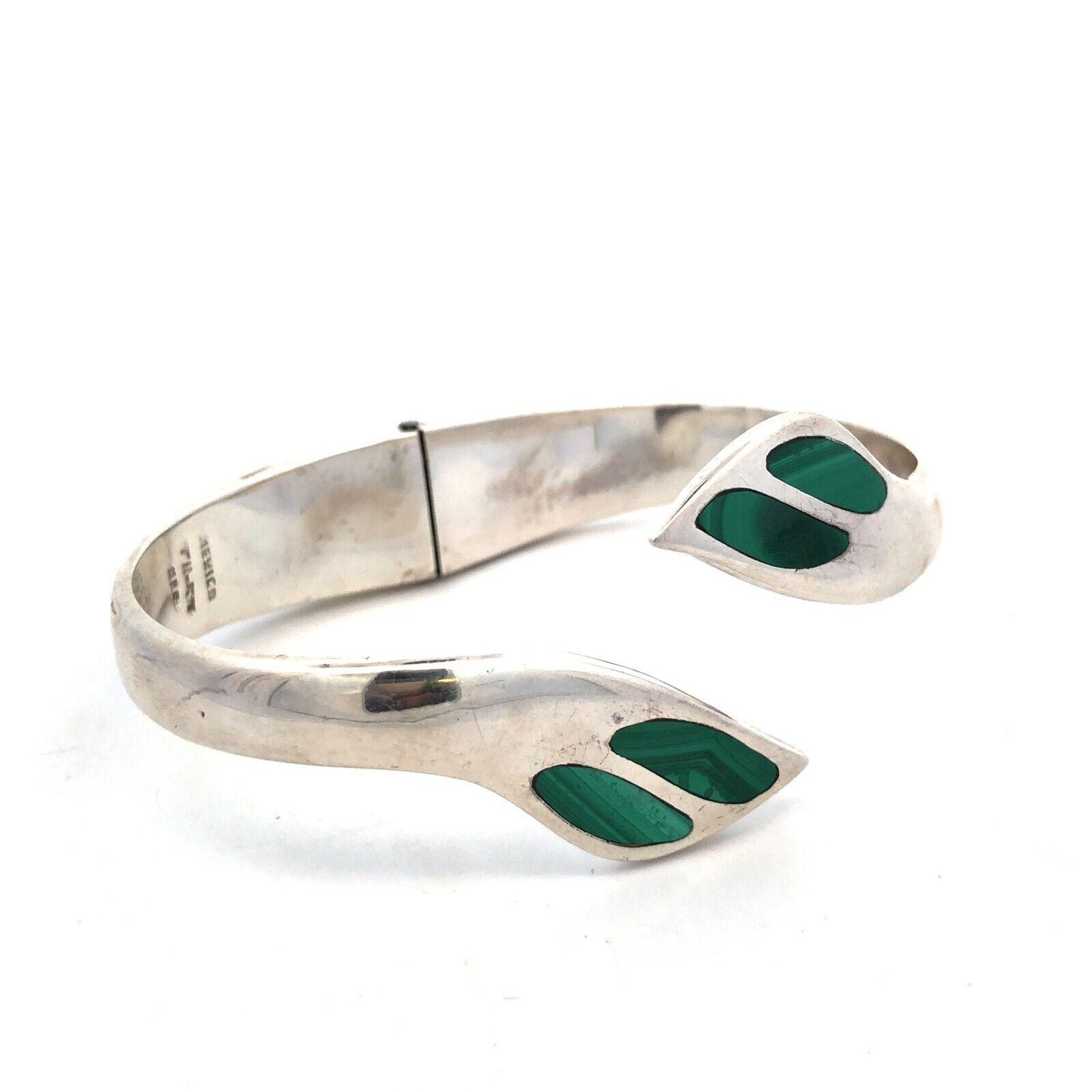 Mid Century Taxco Sterling Silver Malachite Inlay Modernist Hinged Cuff Bracelet