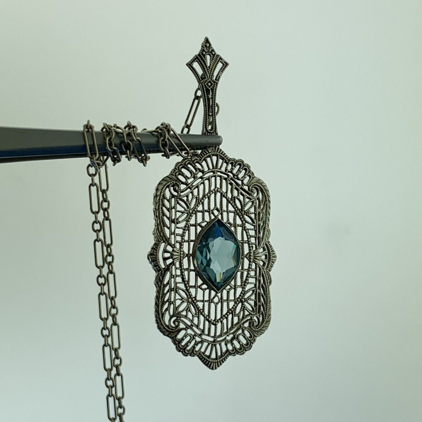 Art Deco 10K 14K White Gold Marquise Art Glass Open Filigree Statement Necklace