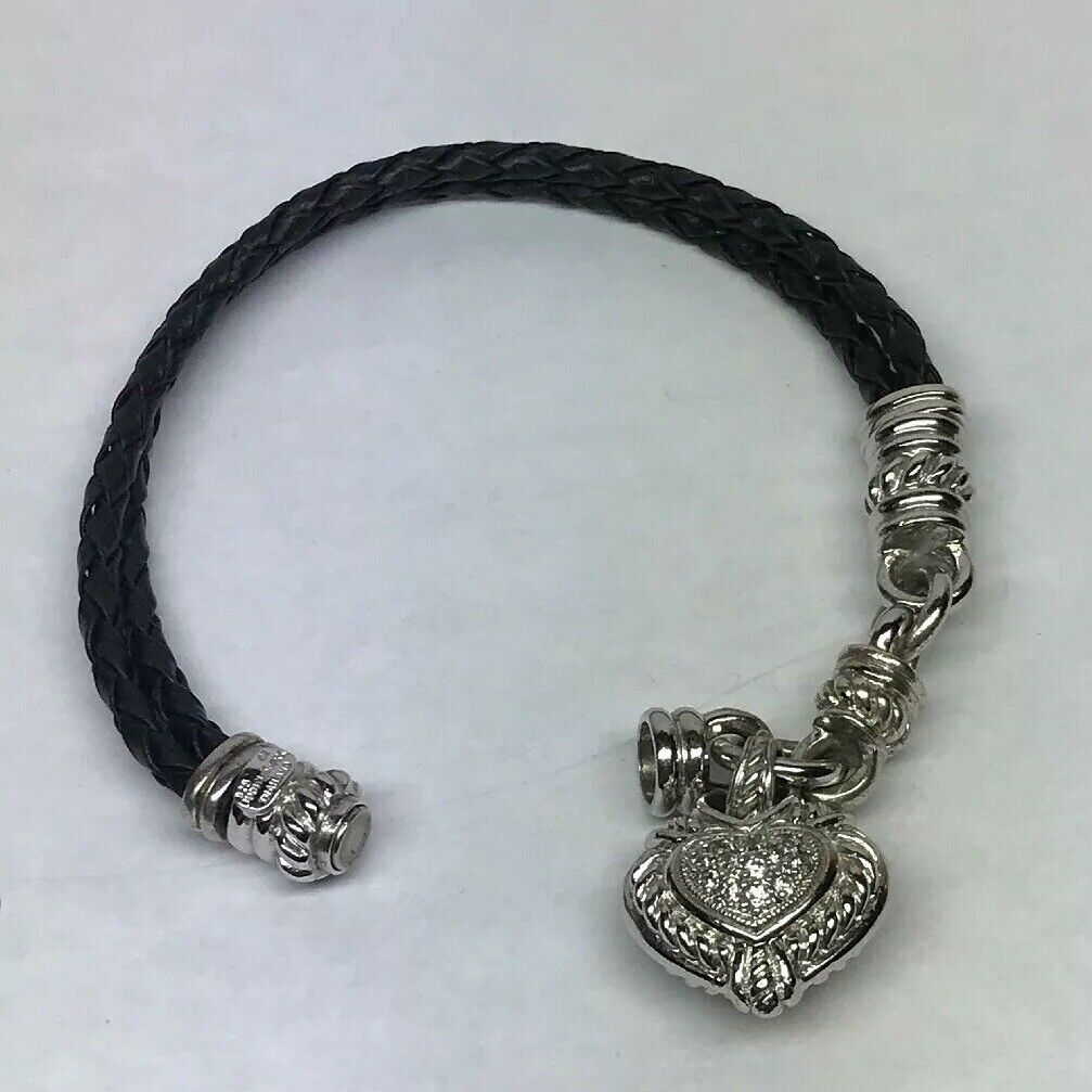 Judith Ripka Sterling Silver 925 Diamonique CZ Heart Charm Leather Bracelet