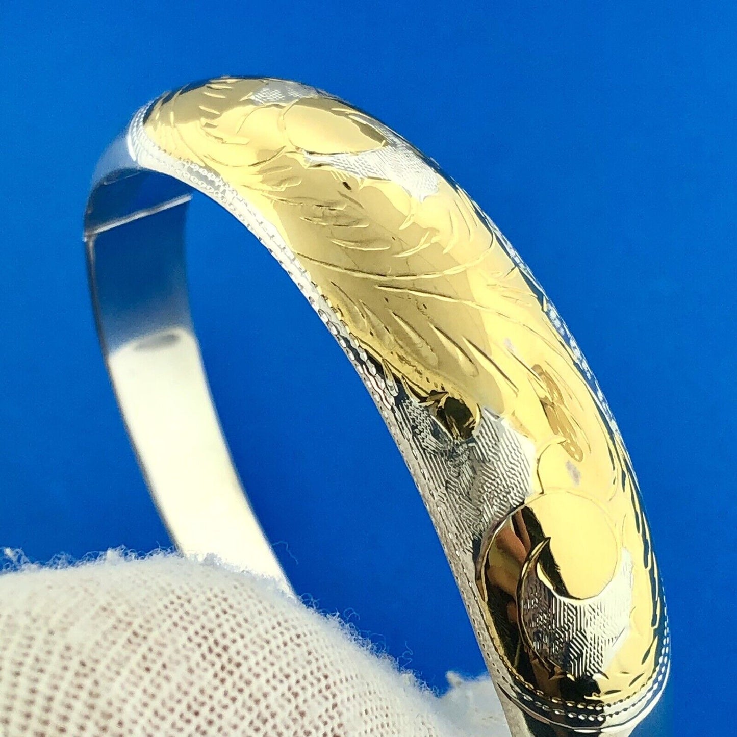 Designer CI Sterling Silver 925 Gold Two Tone Floral Scroll Hinged Cuff Bracelet