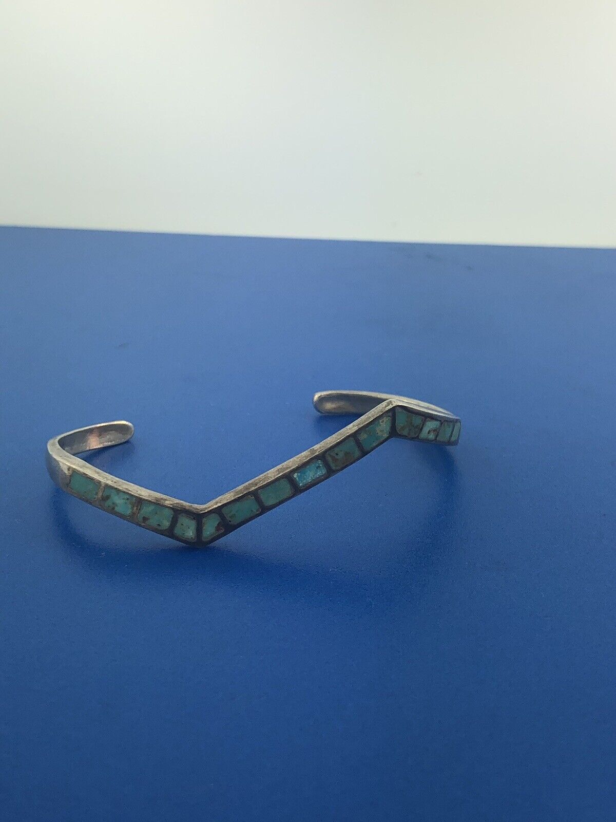Vintage Native American 925 Sterling Silver Turquoise Modernist Cuff Bracelet