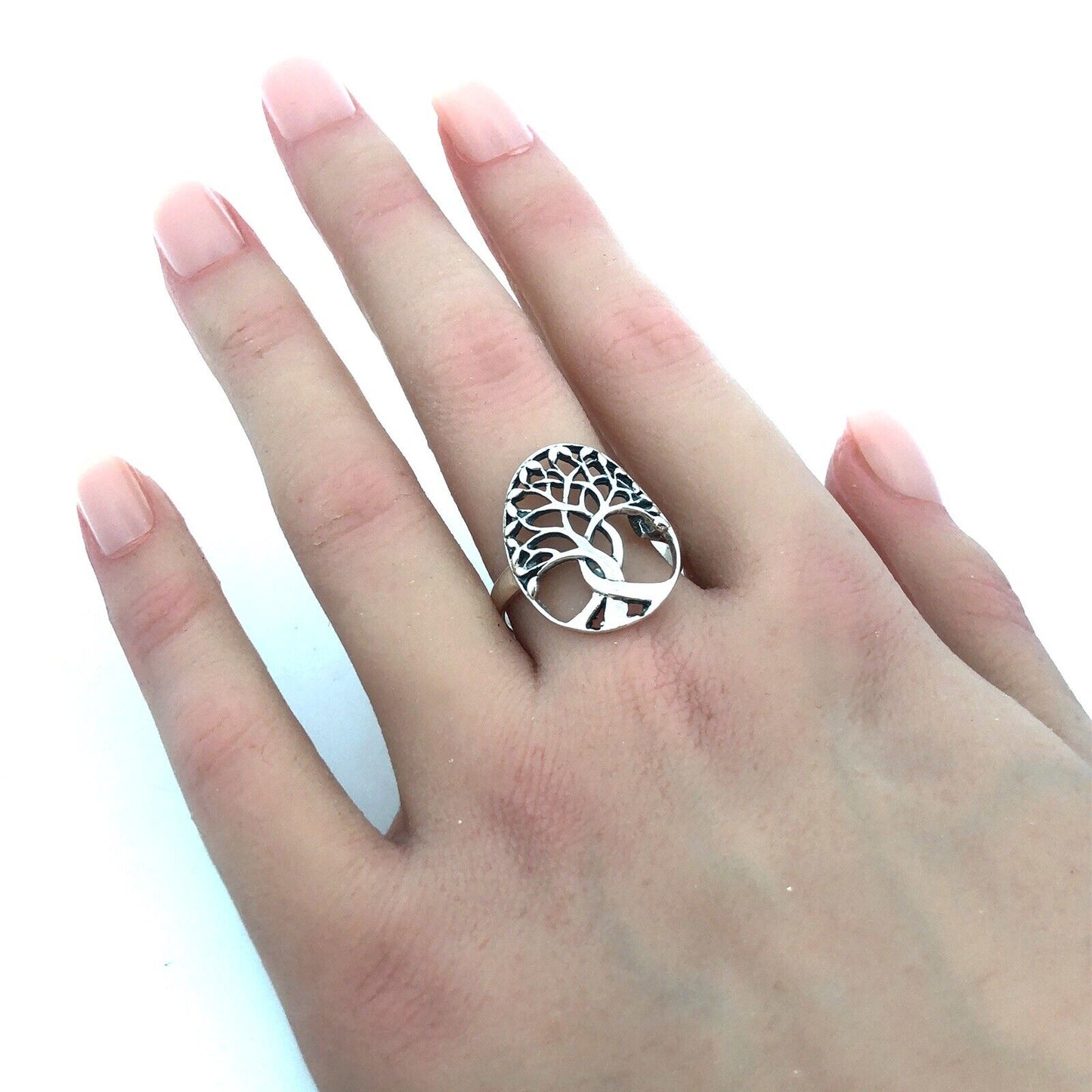 925 Sterling Silver Vintage Tree of Life Nature Modernist Oval Statement Ring