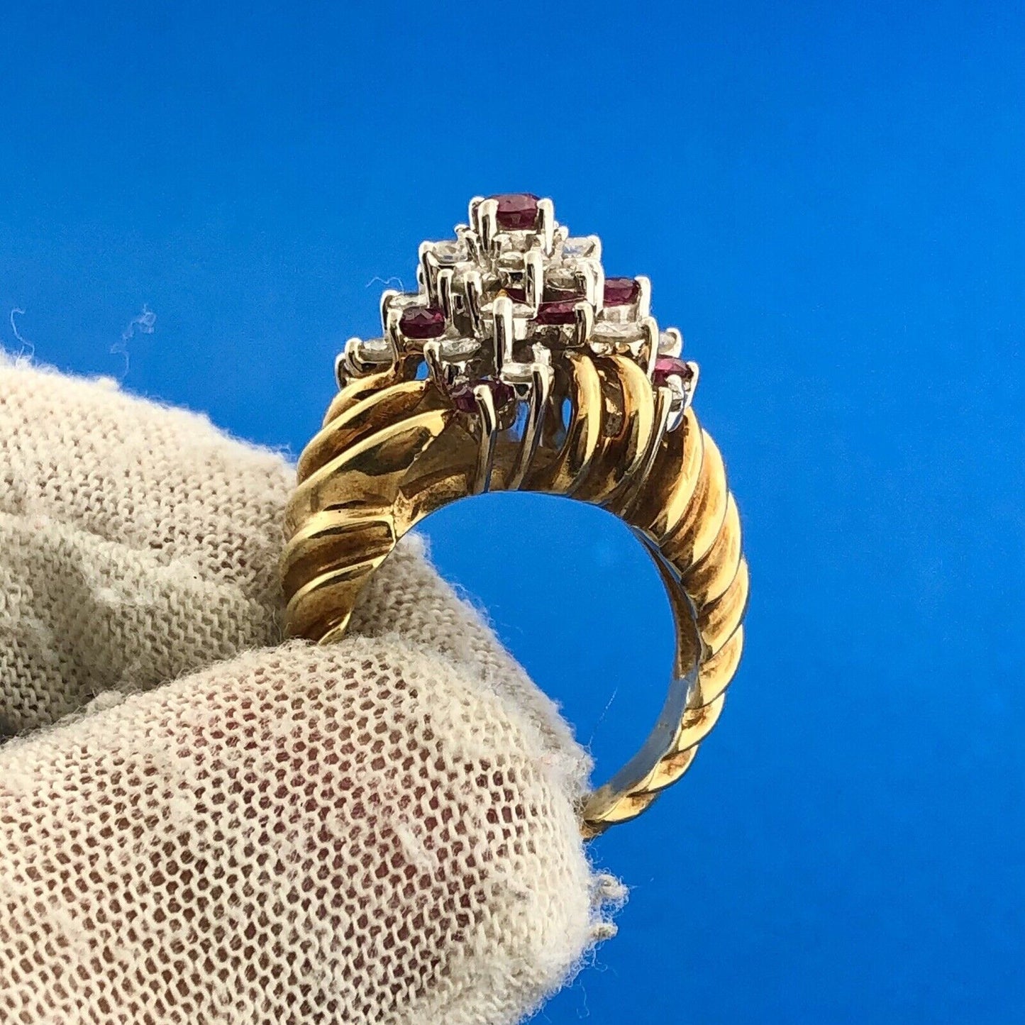 Gorgeous 14k Yellow Gold Diamond Ruby Towering Spiral Cluster Ring Size 4.75