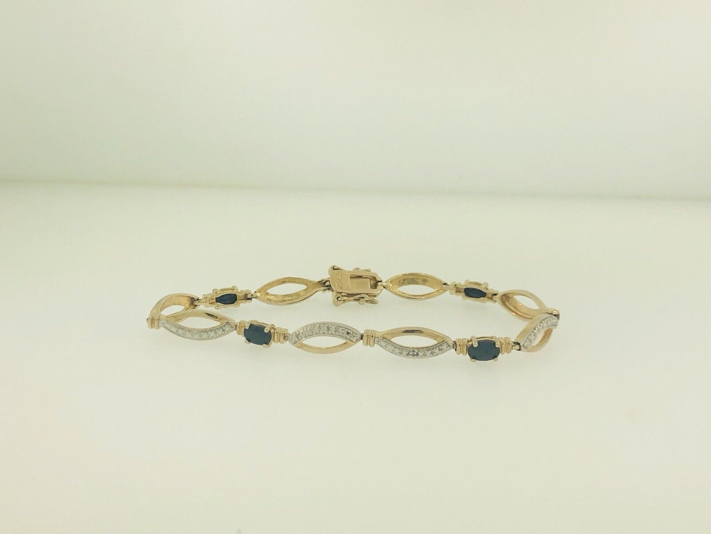 Estate Sterling Silver 925 Vermeil Oval Sapphire Station Tennis Bracelet