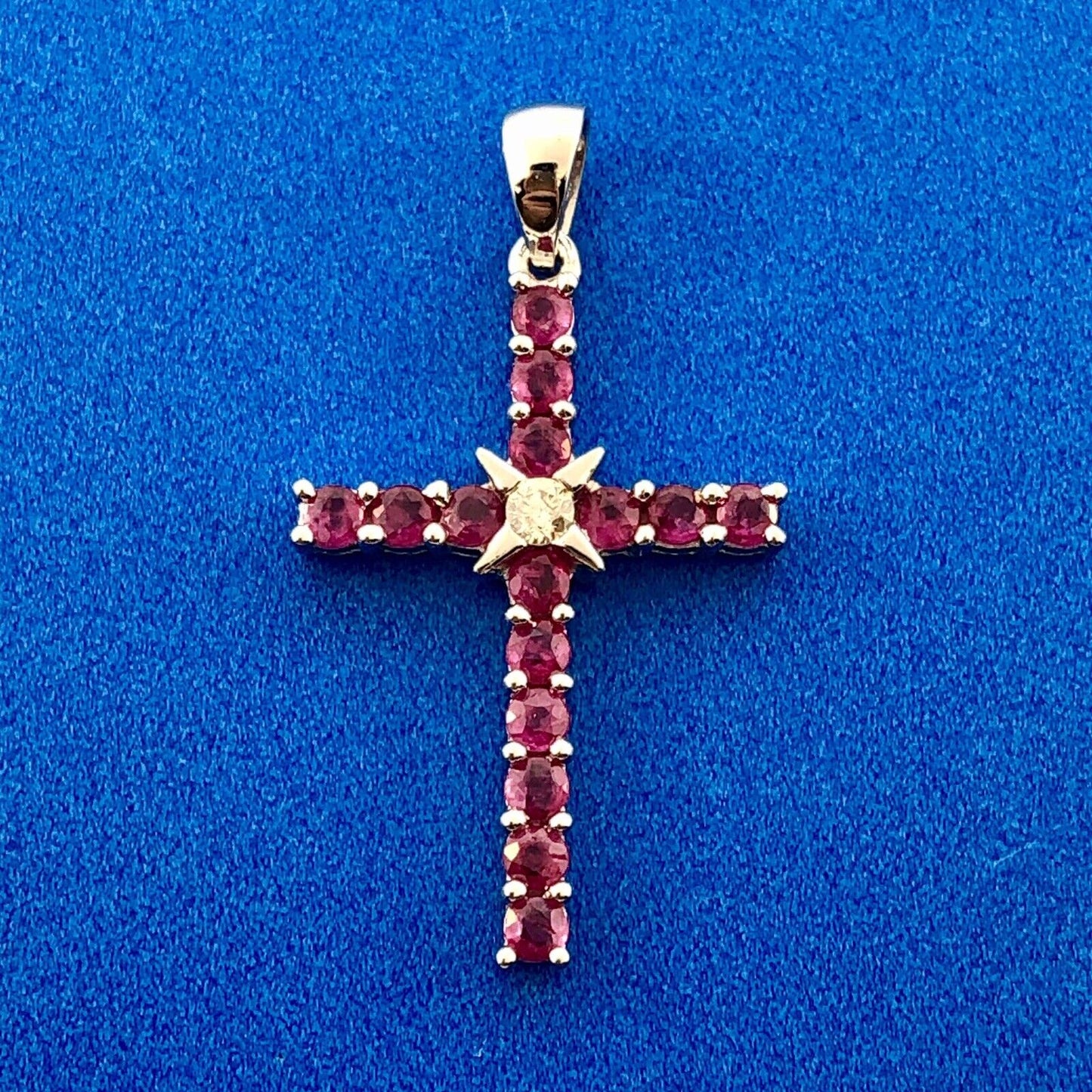 14K White Gold Ruby Diamond Cross Religious Communion Wedding July Pendant