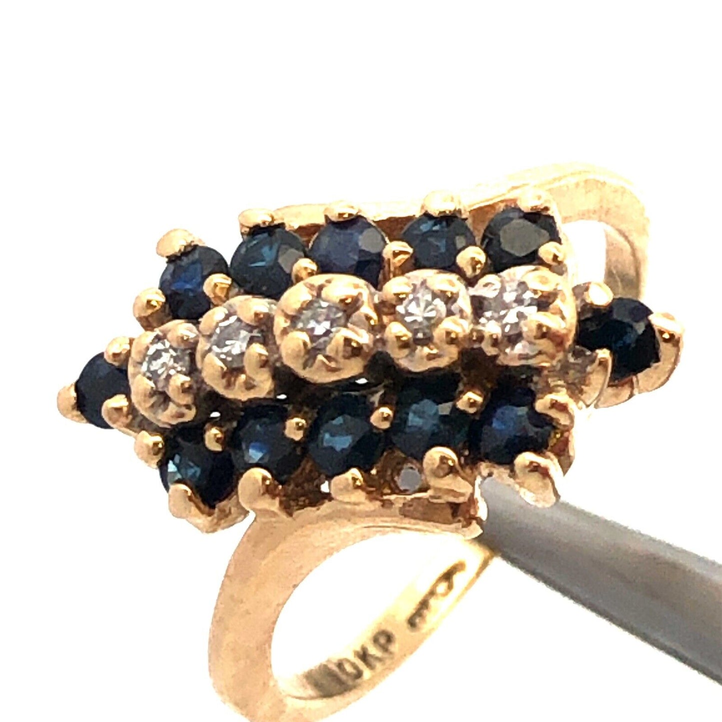 Designer WW 10K Yellow Gold Round Sapphire Diamond Oval Bypass Cluster Ring