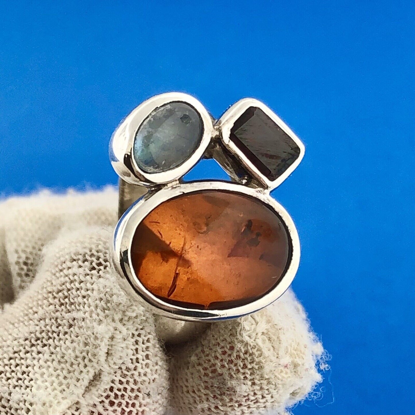 Gorgeous Modernist Sterling Silver 925 Amber Garnet Moonstone Ring Size 7.75