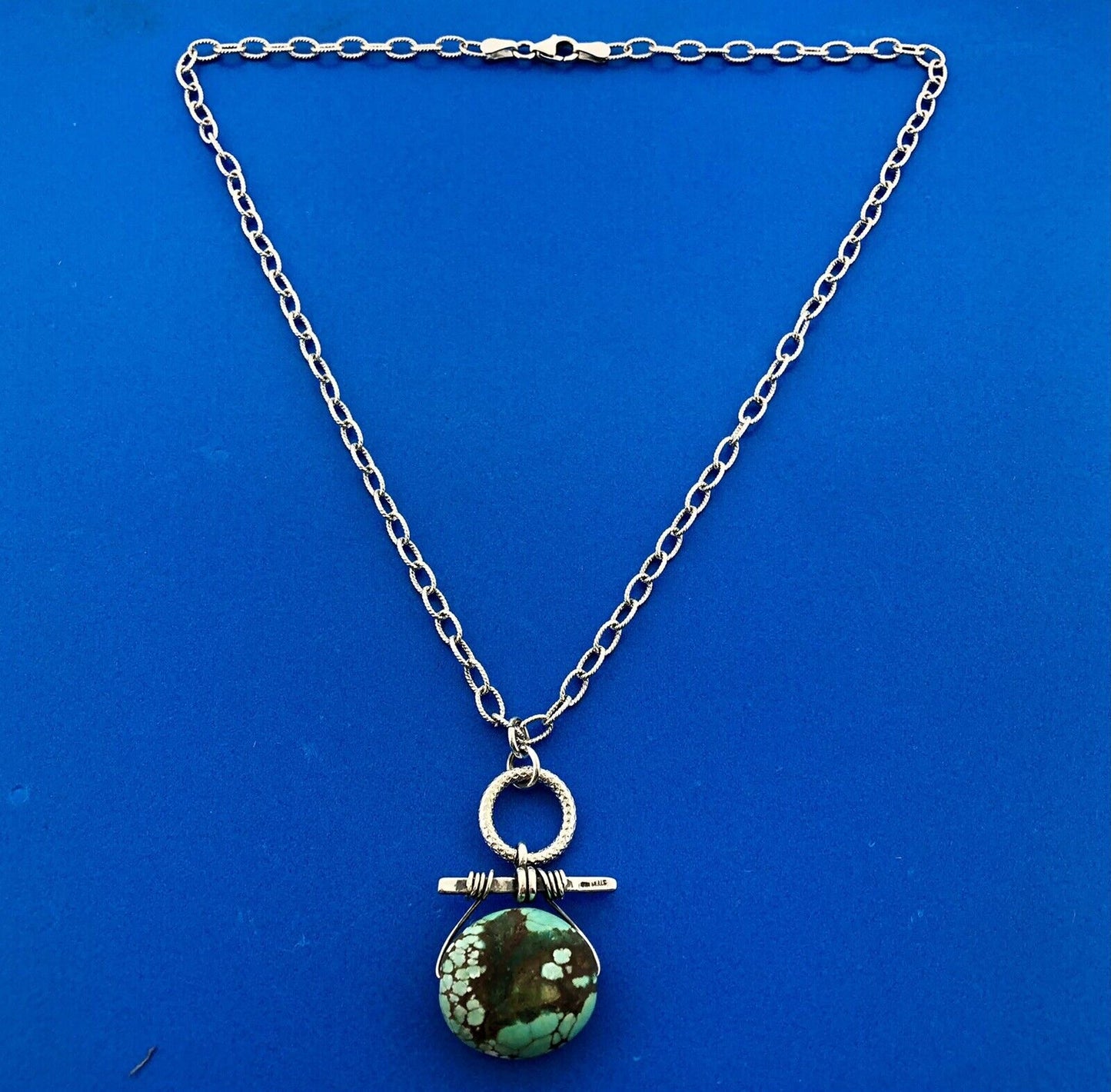Vintage Artisan 925 Sterling Silver Oval Turquoise Bead Link Chain Necklace