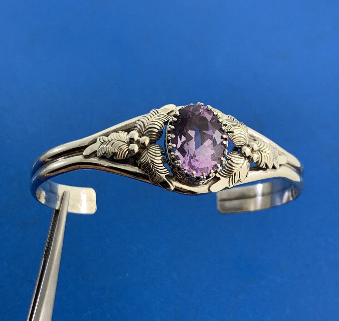 Vintage Native American E D 925 Sterling Silver Oval Amethyst Cuff Bracelet
