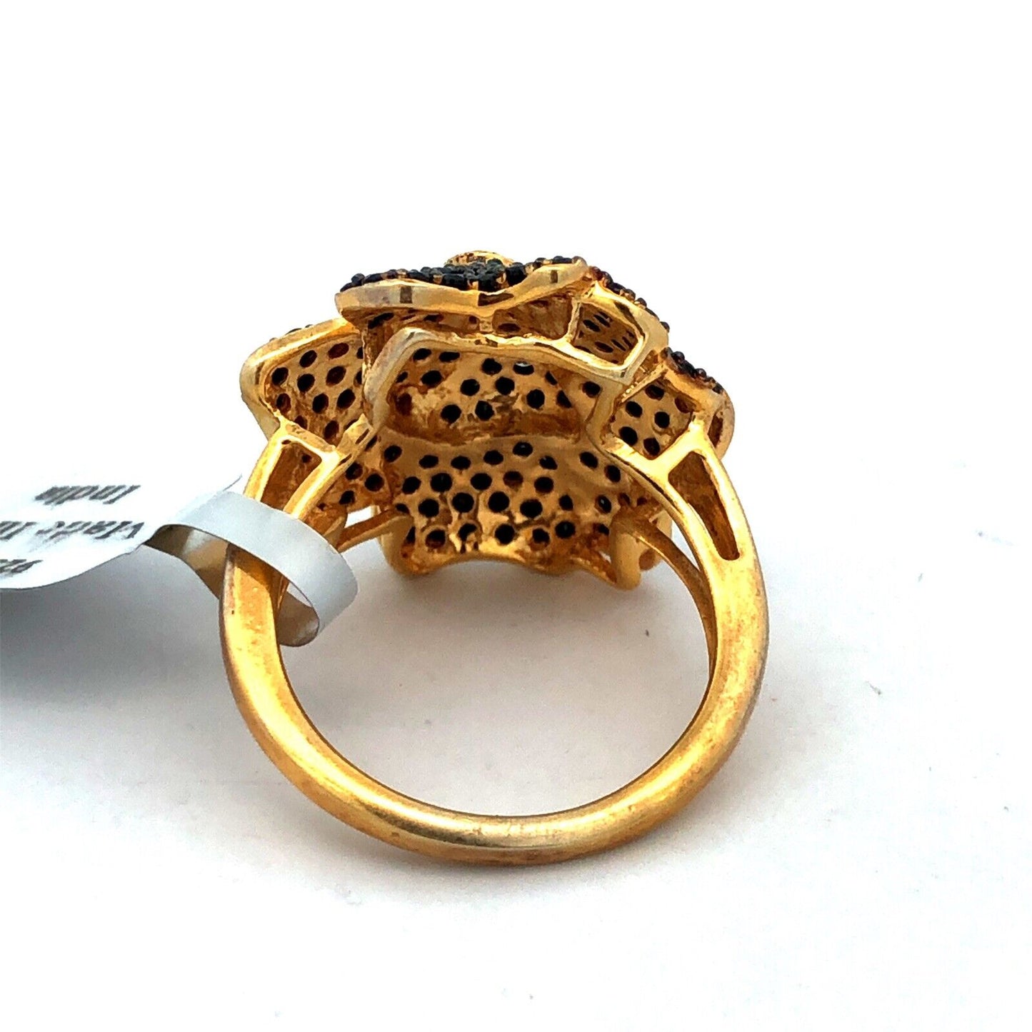 Designer TGGC Sterling Silver Gold Vermeil Black Spinel Flower Statement Ring