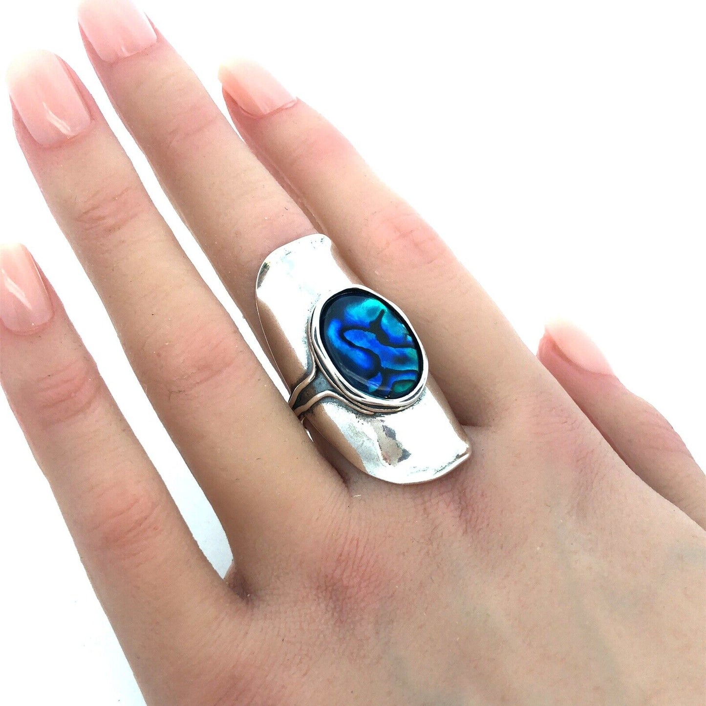 Designer 925 Sterling Silver Oval Abalone Cabochon Statement Finger Ring