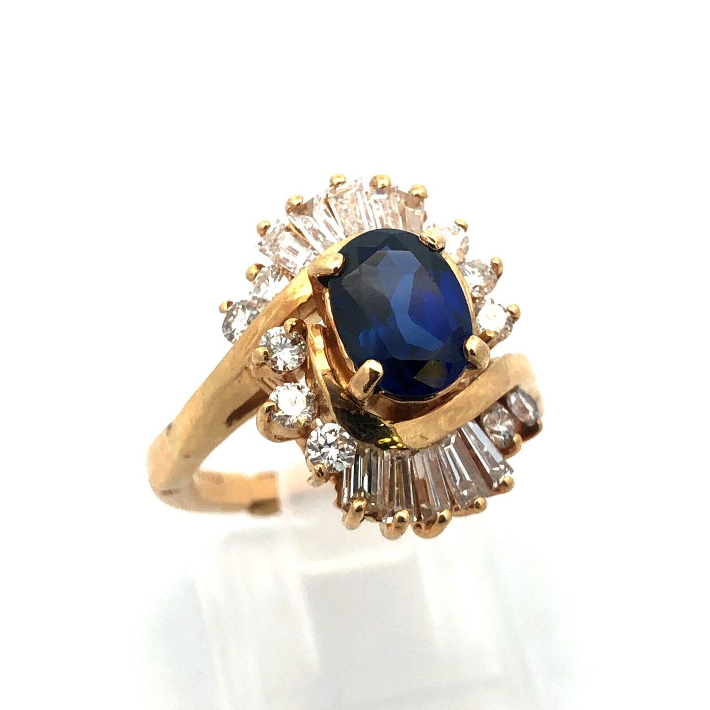 Designer 14K Yellow Gold Oval Sapphire Diamond Wave Halo Bypass Cocktail Ring