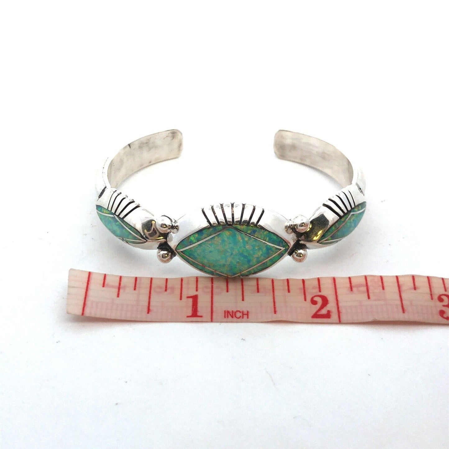 Native American Jerry T Nelson 925 Sterling Silver Blue Opal Oval Cuff Bracelet