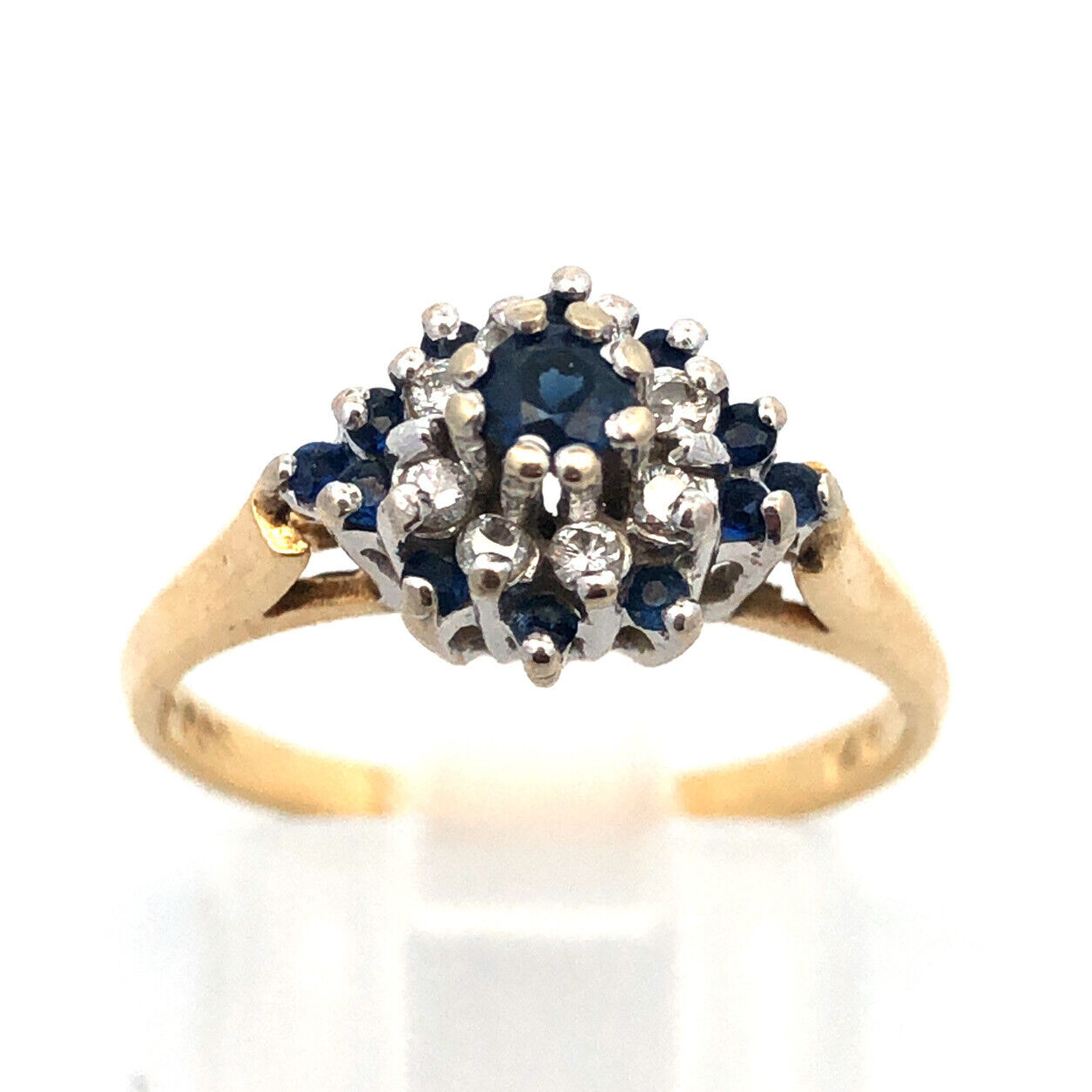 Vintage 14K Yellow White Gold Sapphire Diamond Star Flower Cluster Cocktail Ring