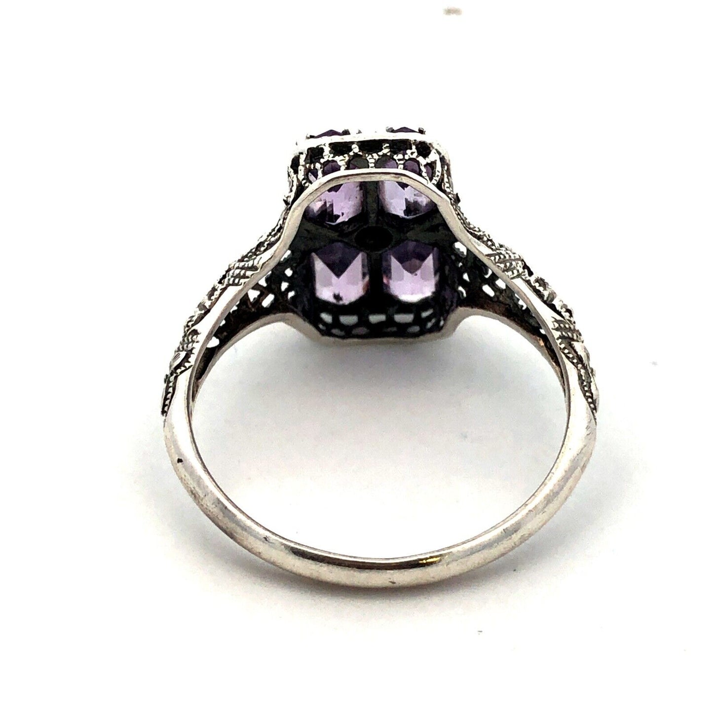 Designer CNA 925 Sterling Silver Amethyst Diamond Filigree Detail Rectangle Ring