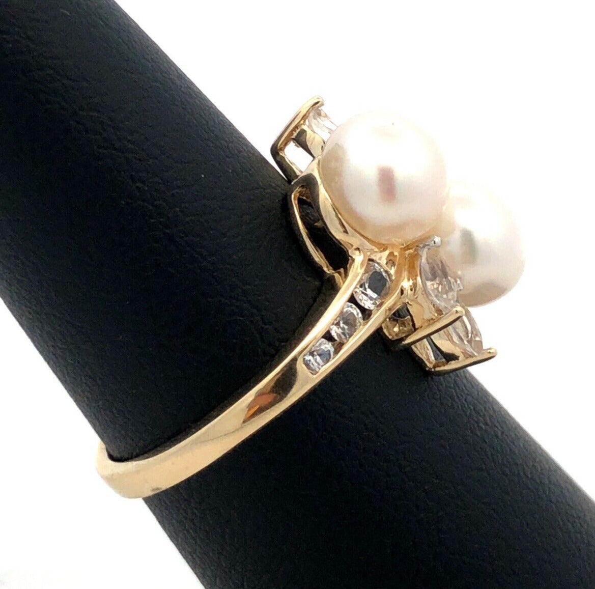 Designer AV 10K Yellow Gold Round White Pearl Duo Marquise Topaz Accent Ring