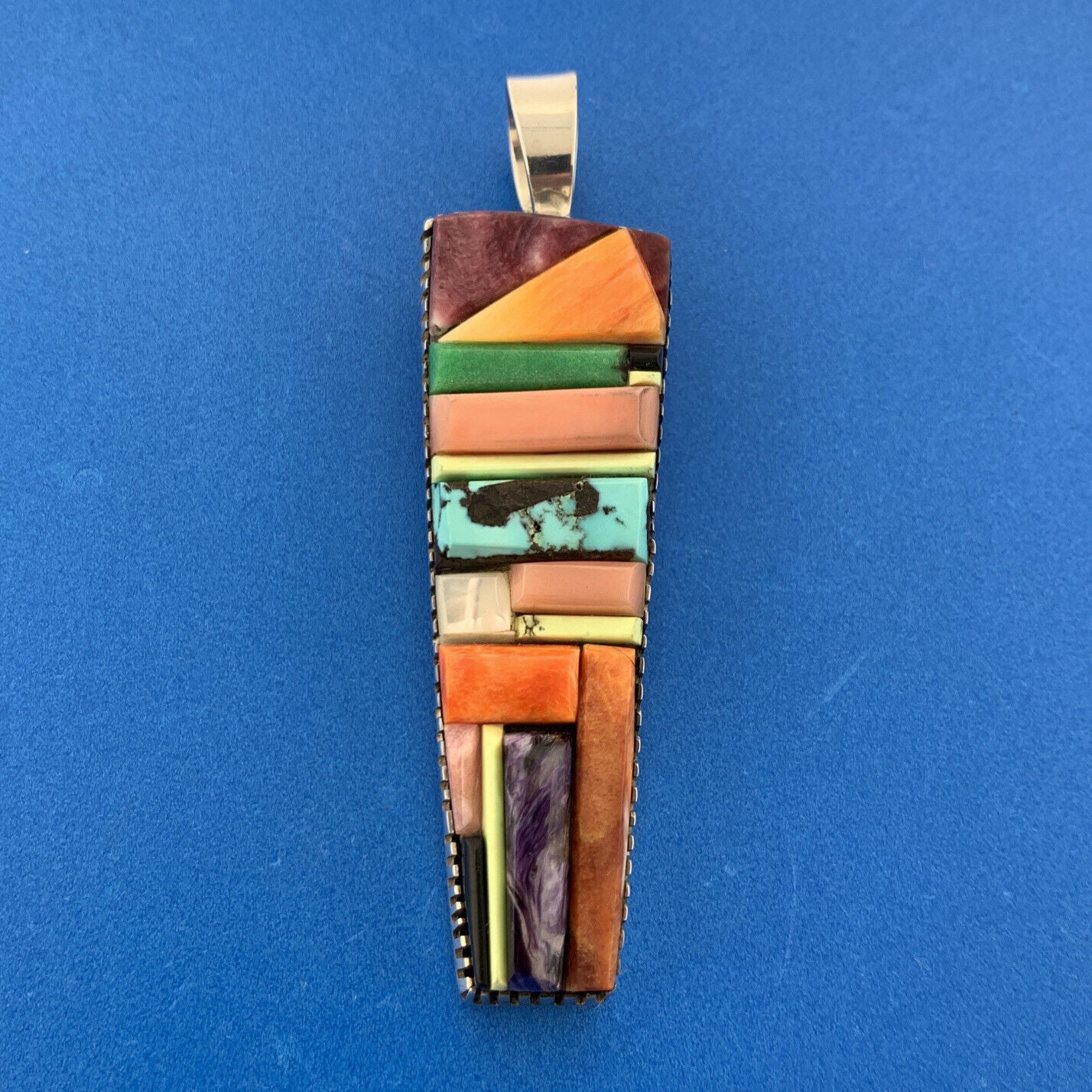 Stunning Sterling Silver 925 Multi-Stone Rainbow Tall Obelisk Statement Pendant