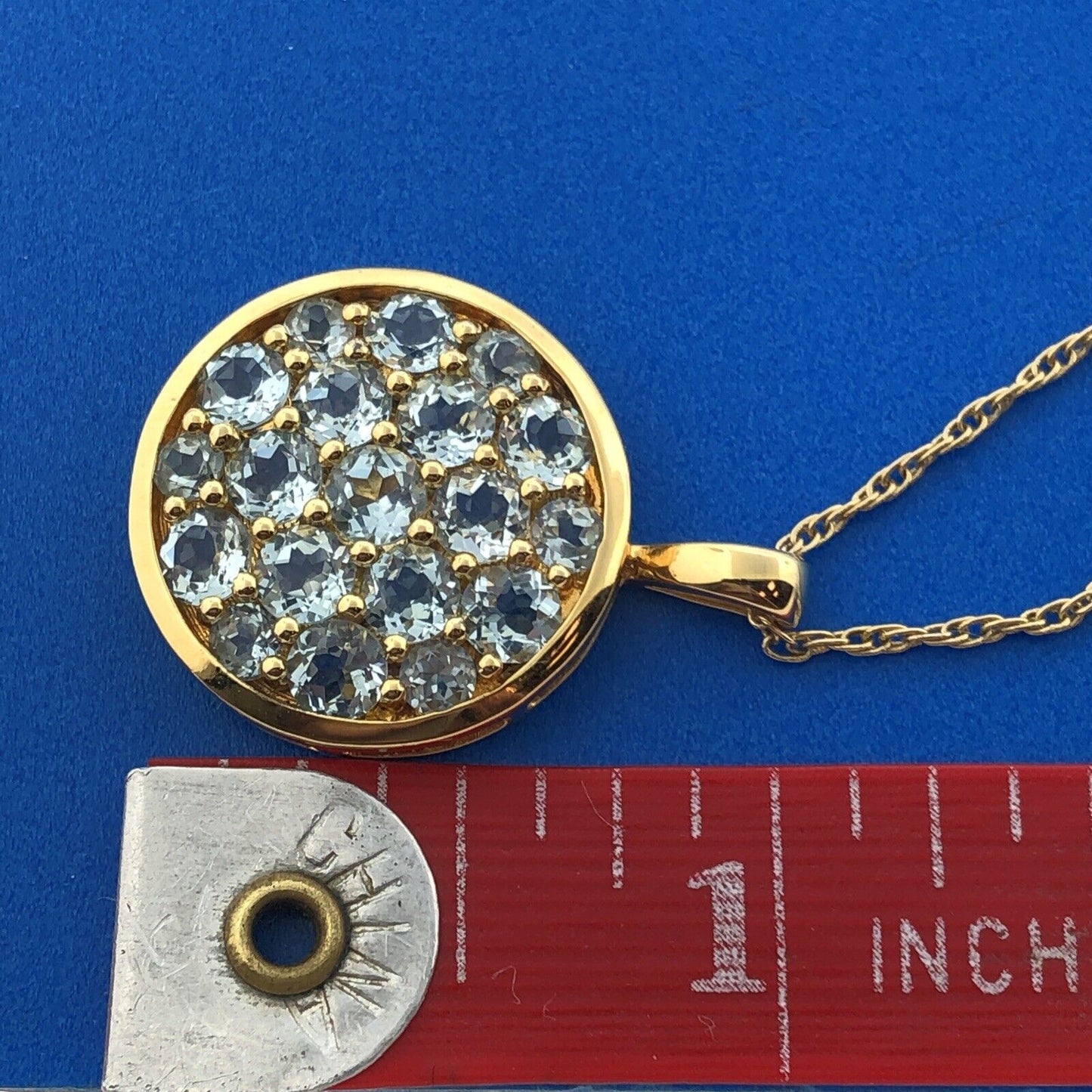 Designer HN Gold Plated Sterling Silver 925 Blue Topaz Circle Pendant Necklace