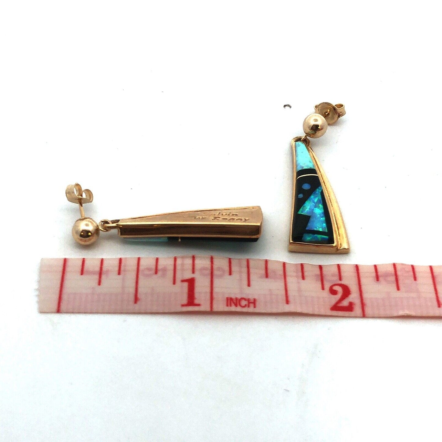 Calvin Begay Navajo 14K Yellow Gold Opal Onyx Storyteller Statement Earrings