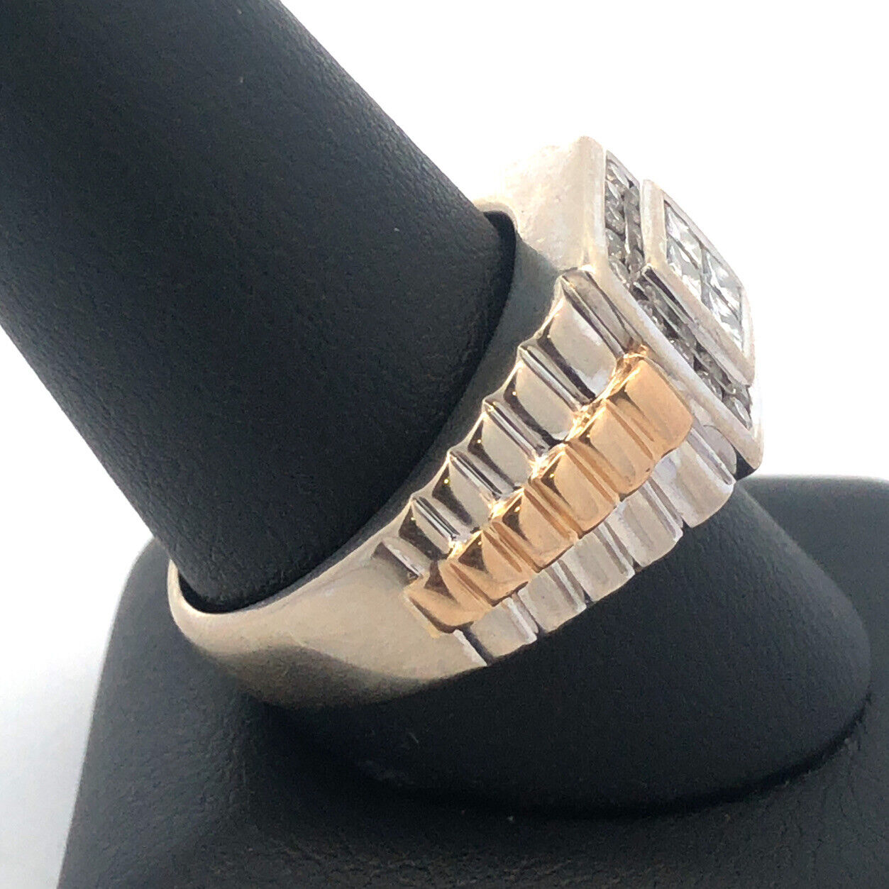14K White Yellow Gold Princess Diamond Quad Men's Two Toned Ribbed Dome Ring