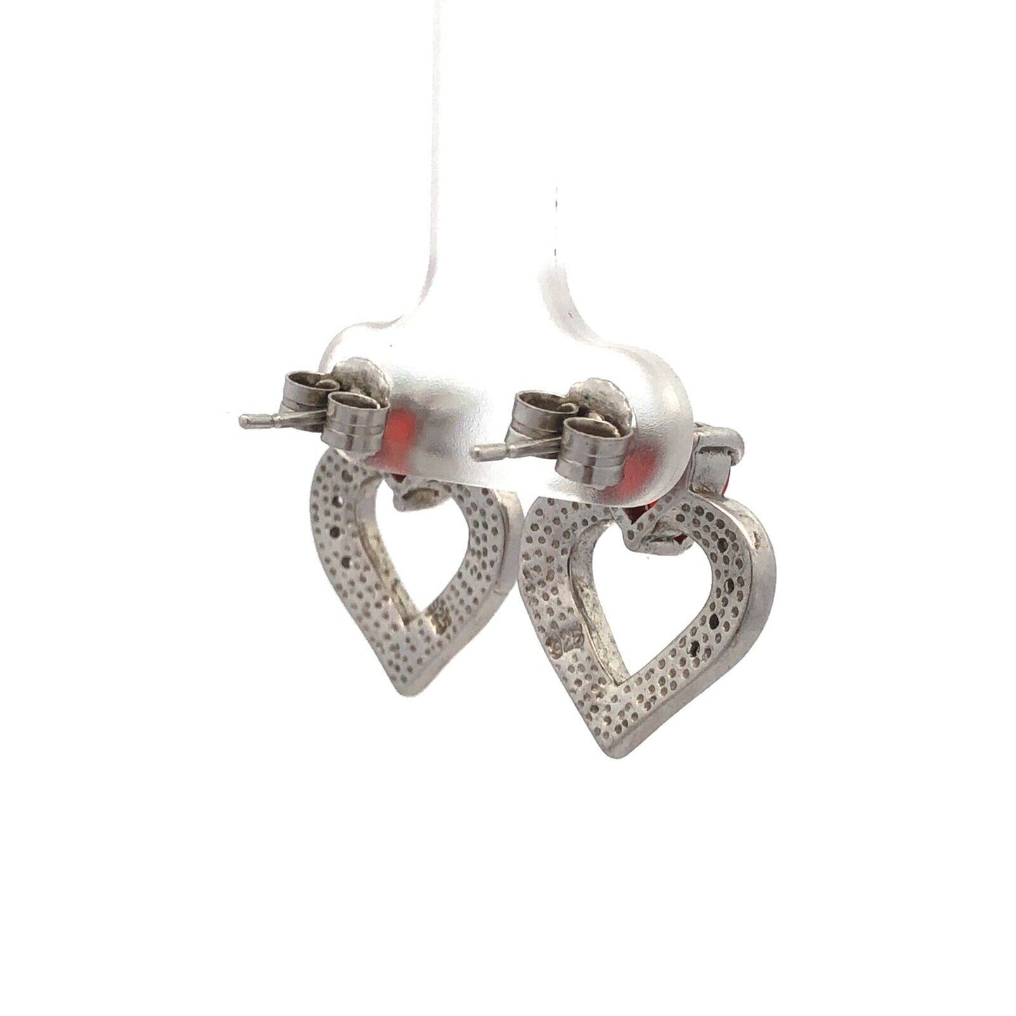 Unusual 925 Sterling Silver Red White Cubic Zirconia Opal Heart Stud Earrings