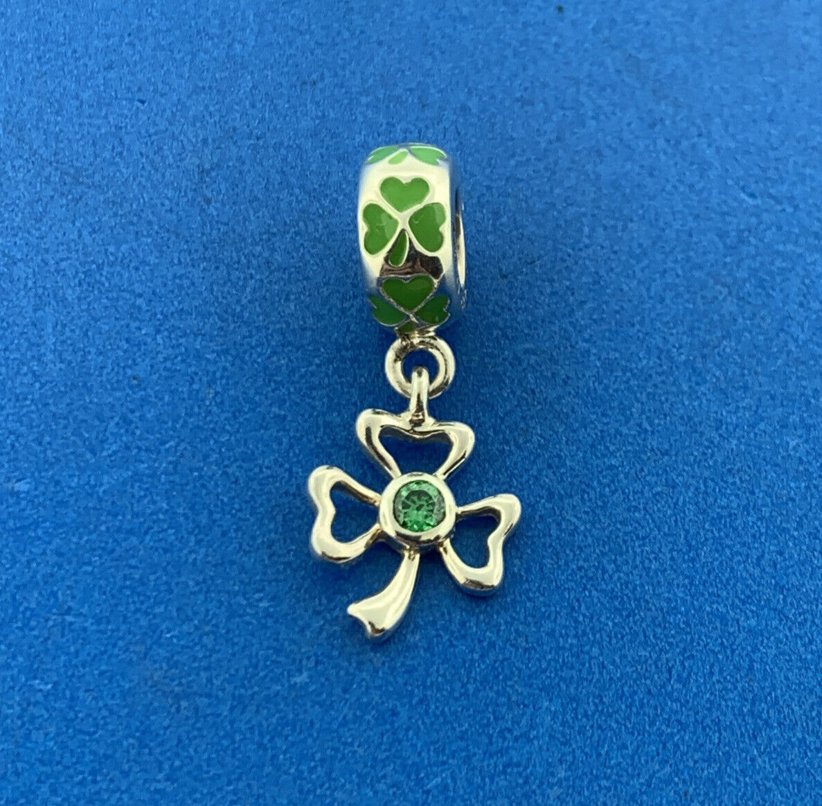 Tara's Diary 925 Sterling Silver Green CZ Enamel 3 Leaf Good Luck Clover Charm