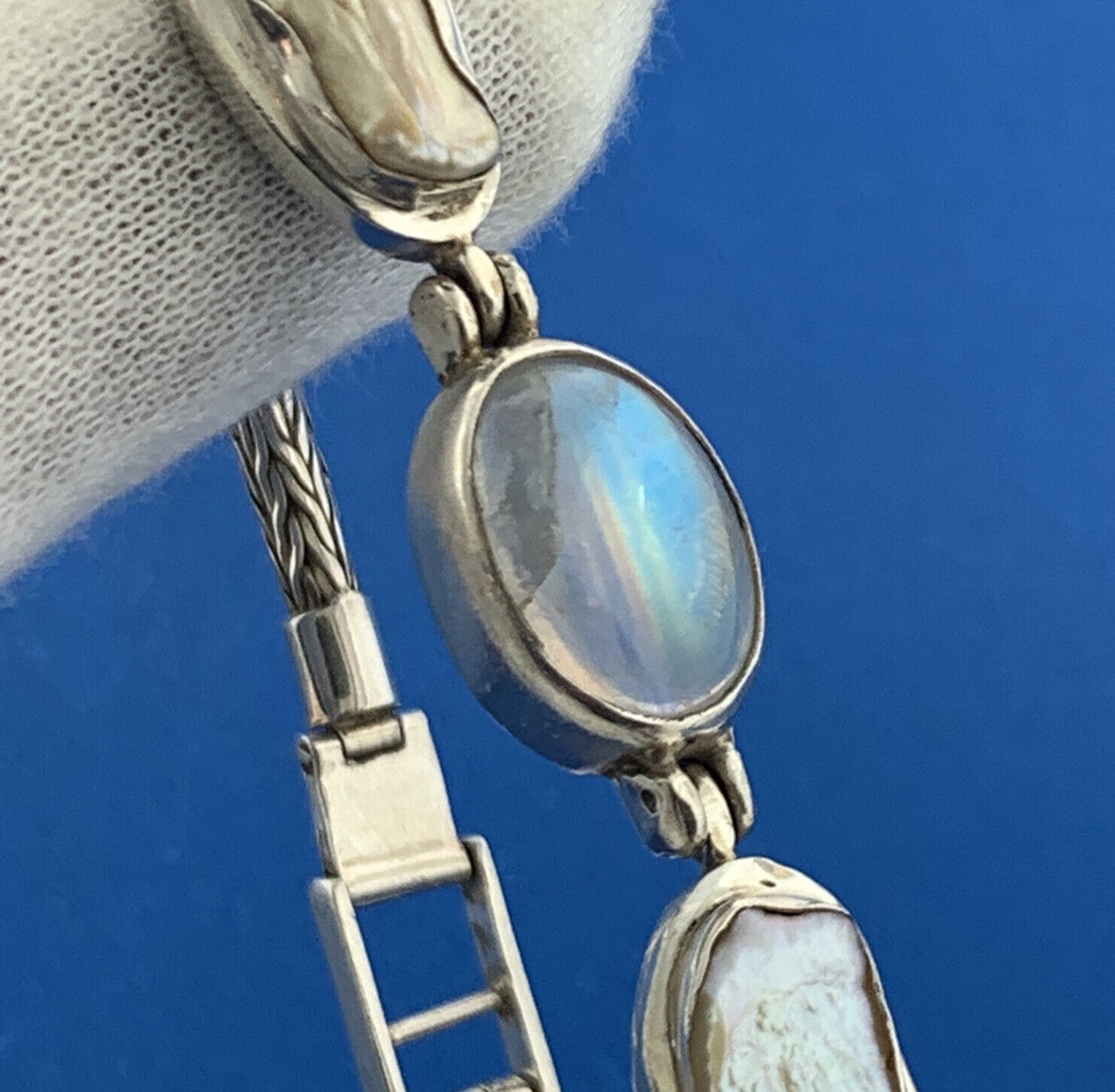 Vintage 925 Sterling Silver Moonstone Mabe Pearl Panel Statement Bracelet