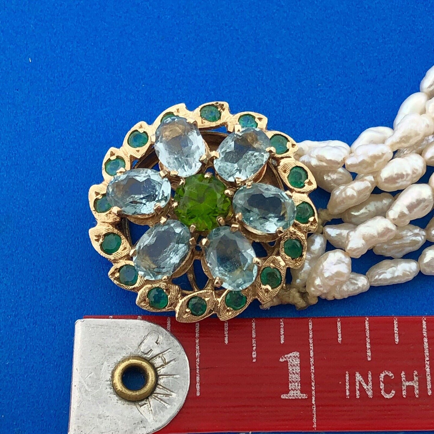 Retro 14K Yellow Gold Pearl Emerald Aquamarine Glass 8 Strand Statement Necklace