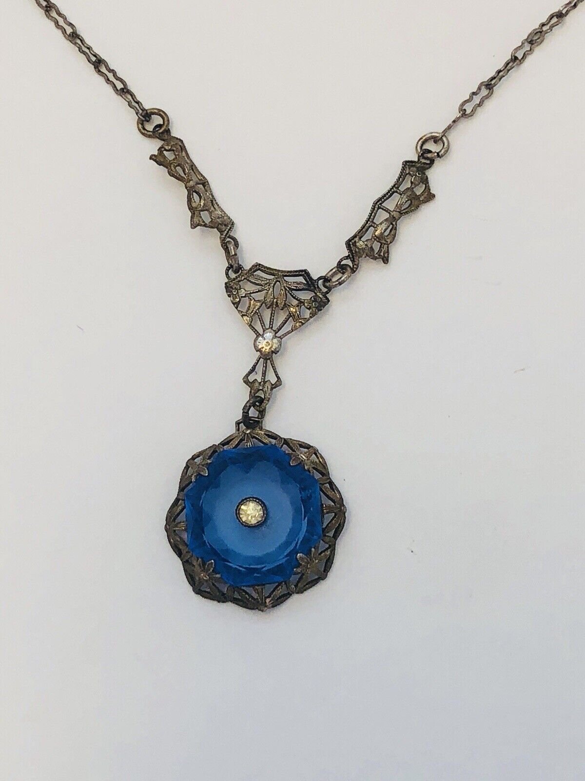 Art Nouveau Art Deco Sterling Silver Cobalt Glass Rhinestone Filigree Necklace
