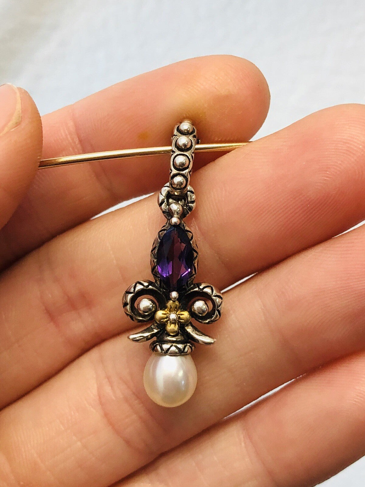 Barbara Bixby 18K Gold Sterling Silver Pearl Amethyst Drop Enhancer Pendant S173