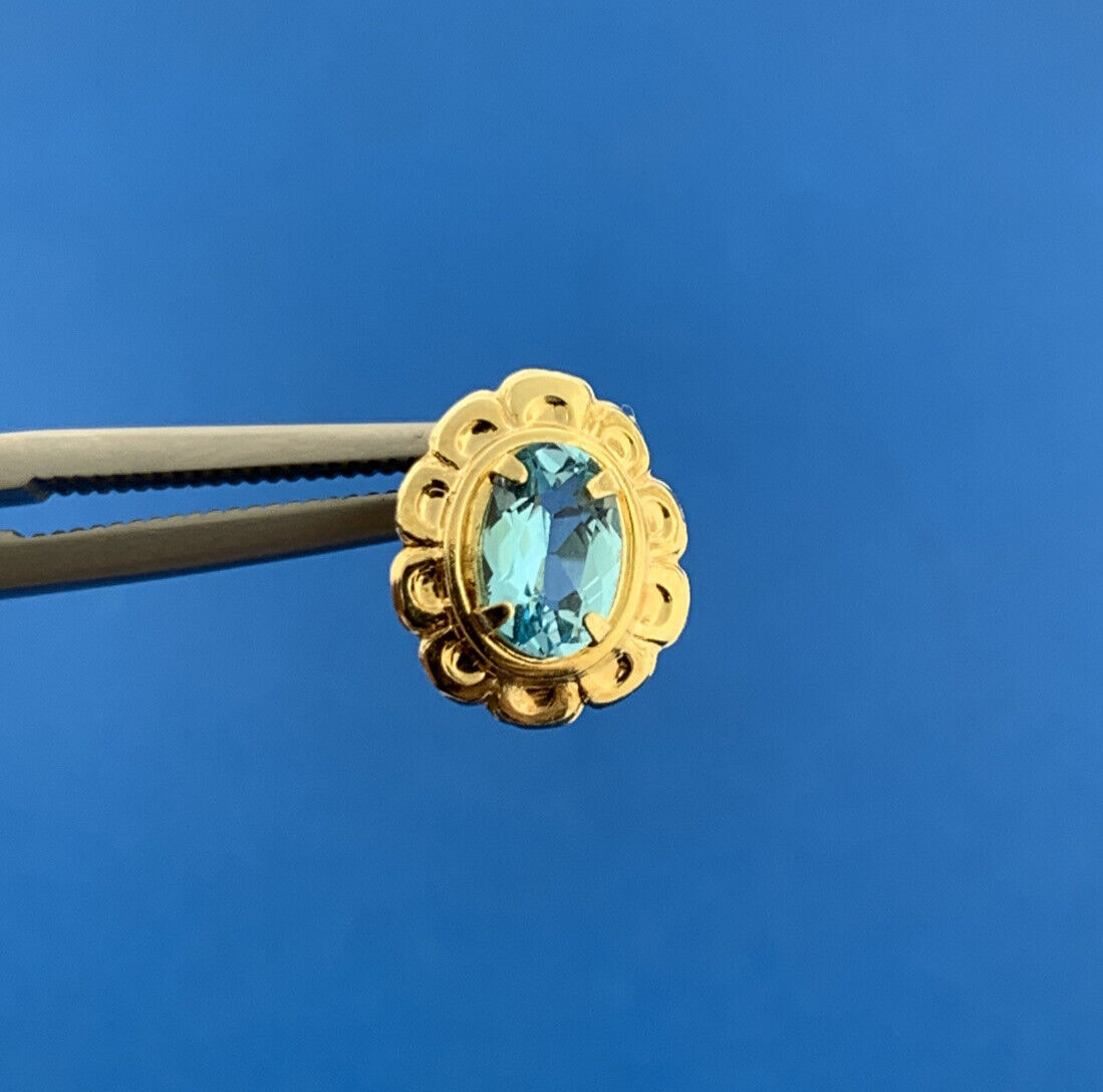 14K Yellow Gold Oval Blue Topaz December Floral Statement Stud Earrings