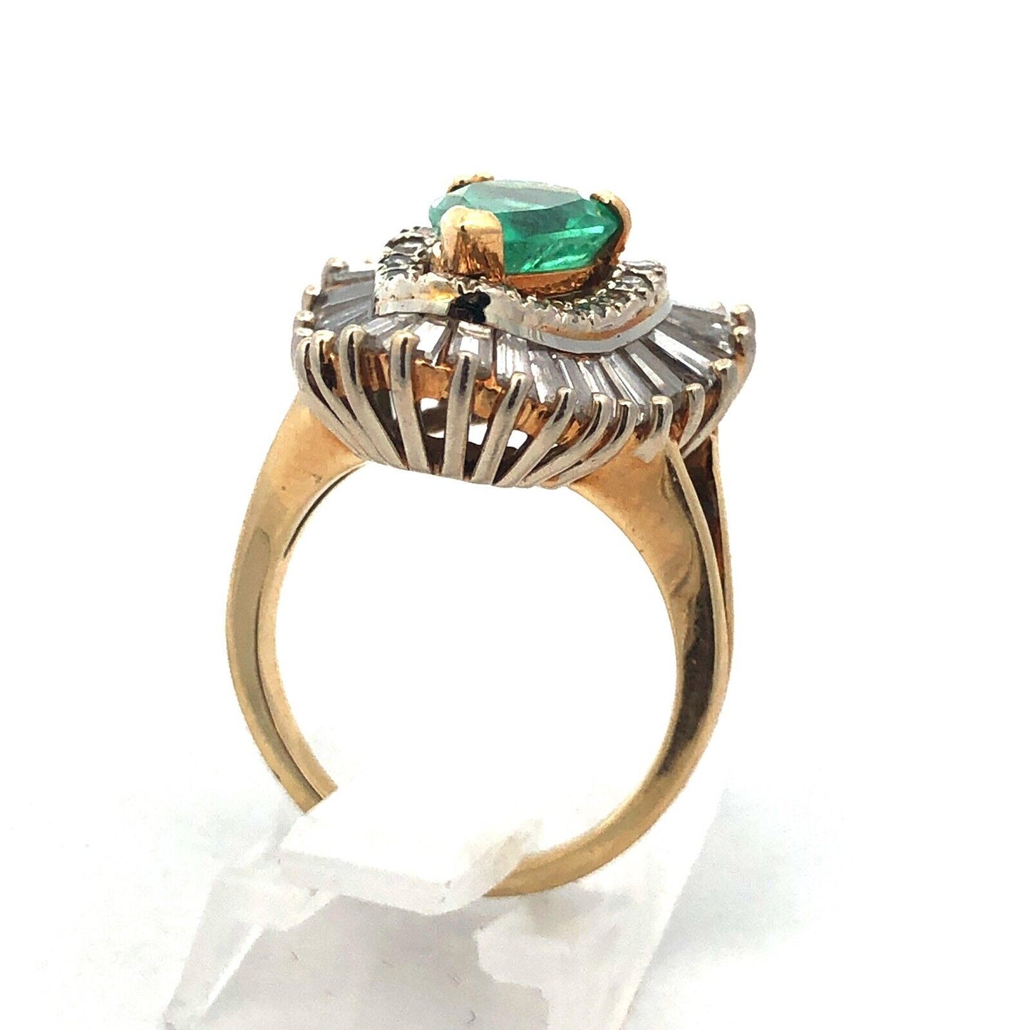 Vintage 14K Yellow Gold Pear Emerald Double Diamond Halo Statement Cocktail Ring