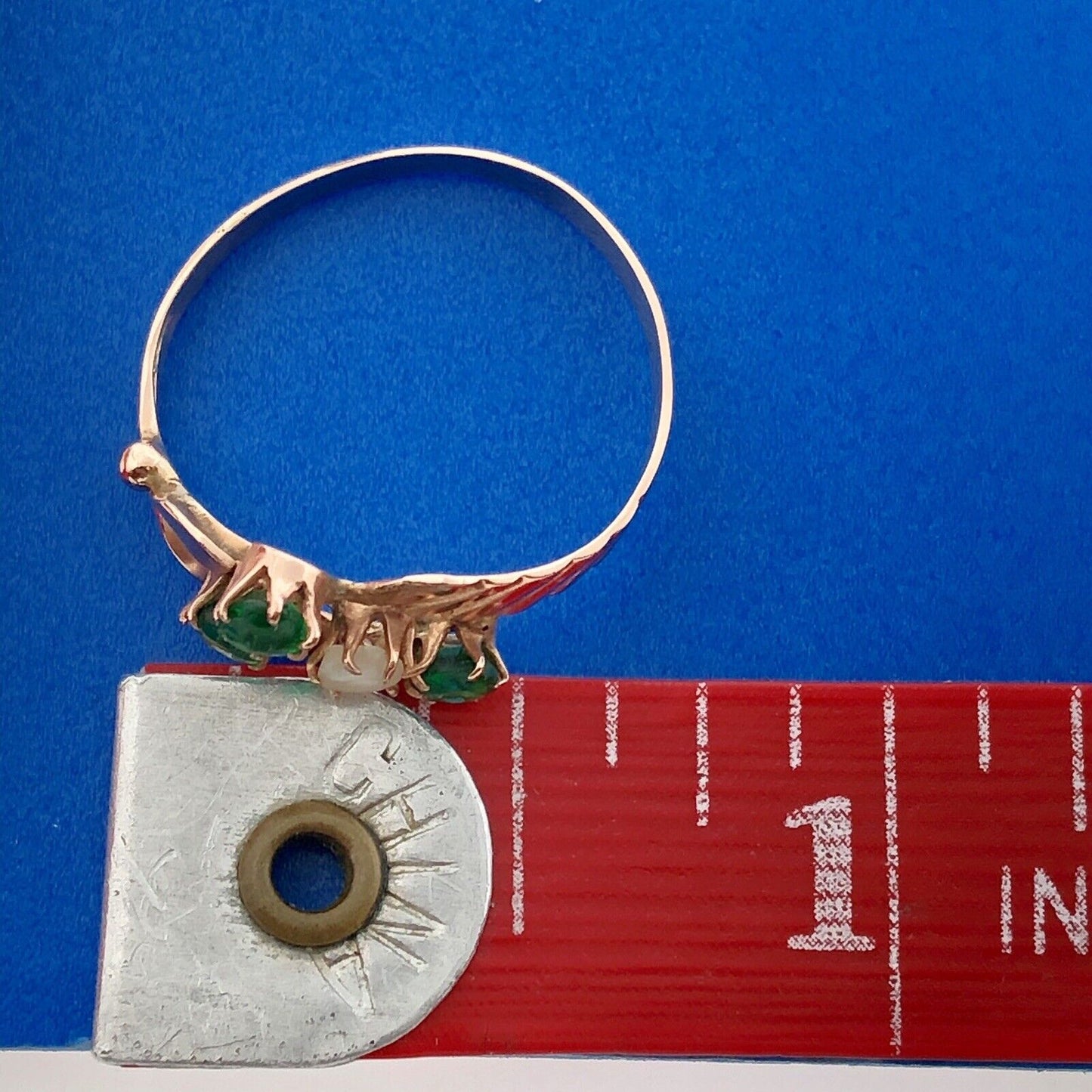 Mid Century 14K Yellow Gold Green Glass Pearl Free Form Cocktail Ring