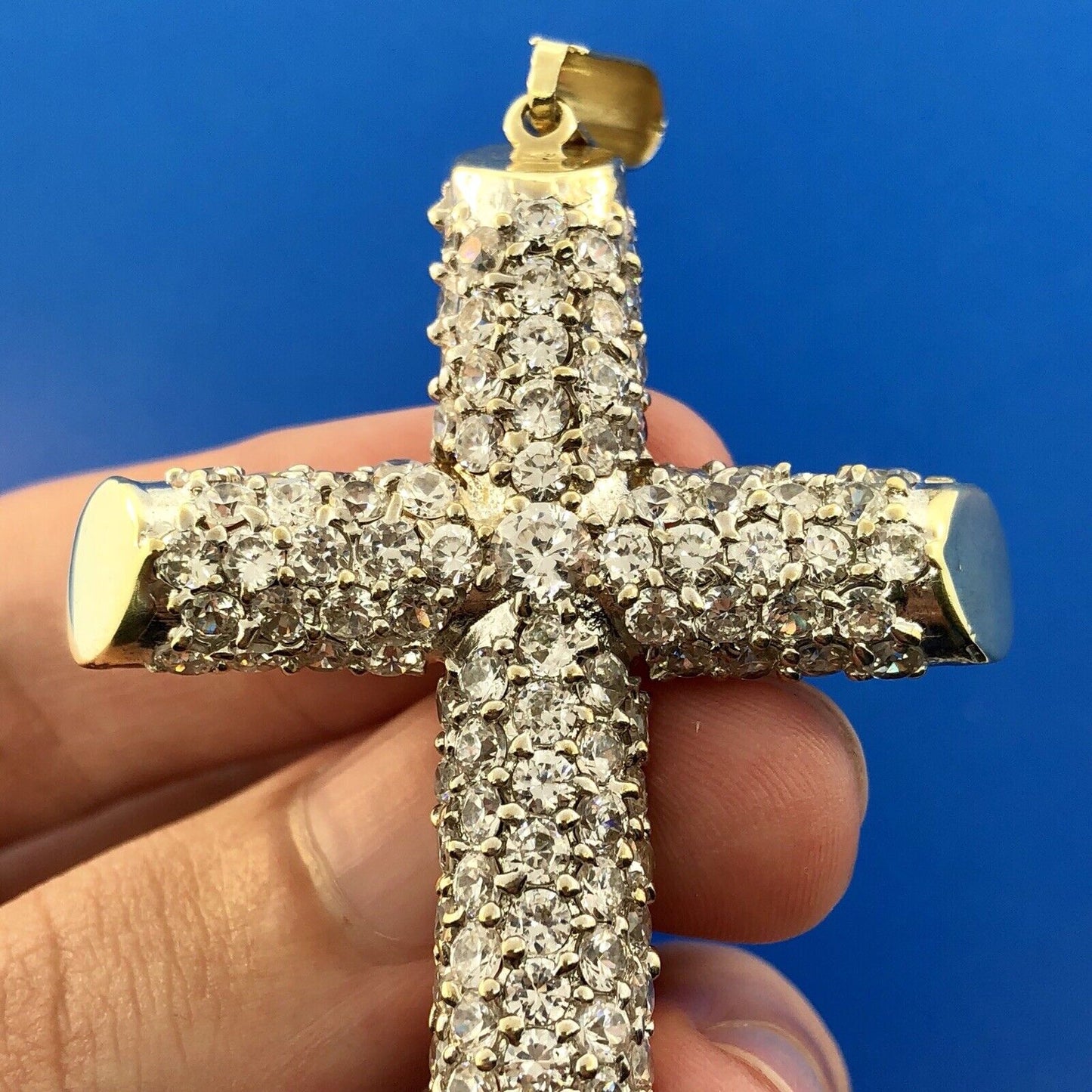 Statement 10K Yellow Gold Cubic Zirconia Encrusted Cross Religious Pendant