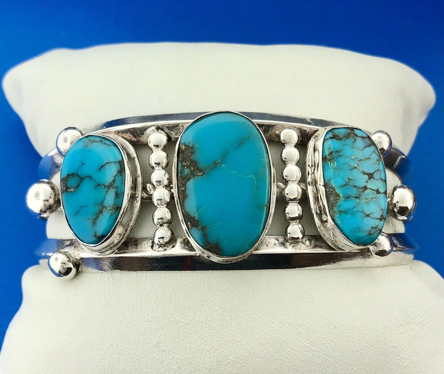Estate Native American Sterling Silver Turquoise Chunky Cabochon Cuff Bracelet
