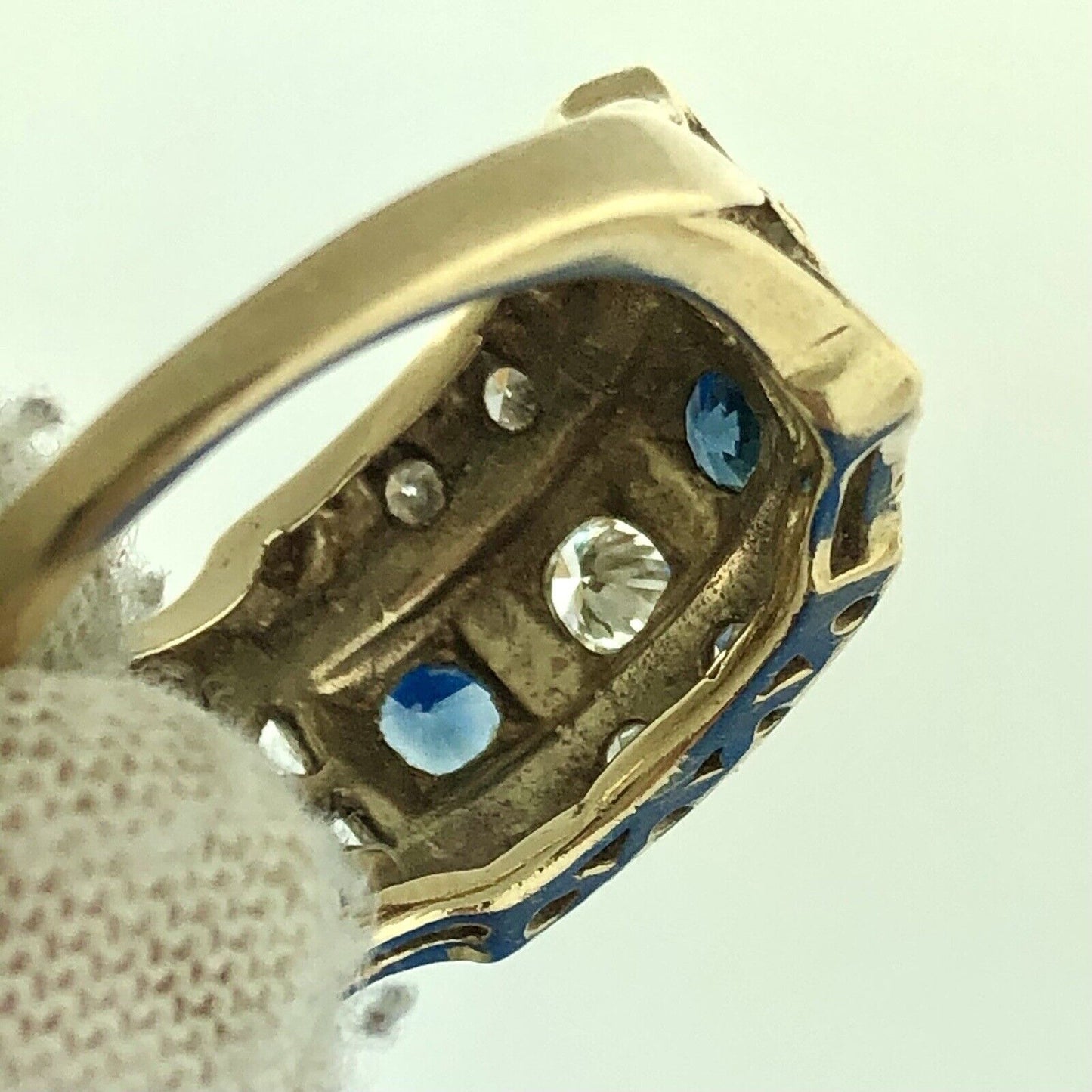 Art Deco Art Nouveaux 14K Yellow Gold Sapphire Diamond Etruscan Dome Ring