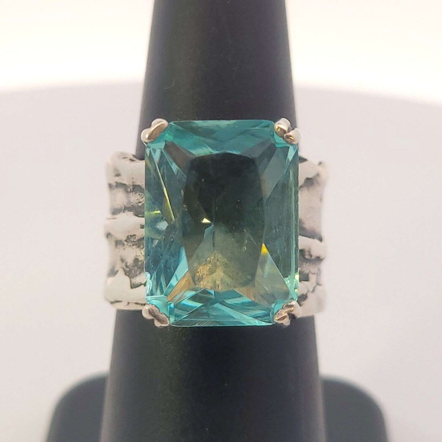 Designer 925 Sterling Silver Radiant Cut Blue Topaz Size 6.75 Wide Band Ring