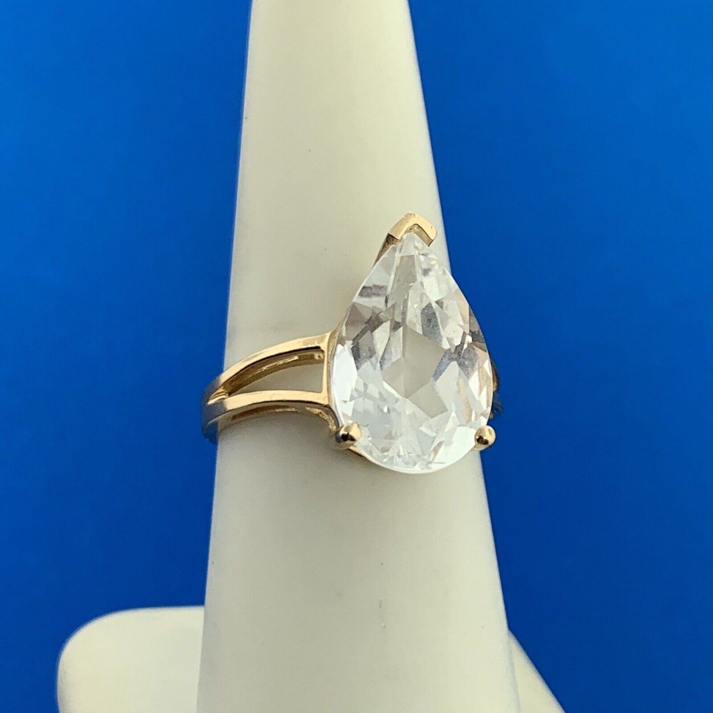 14K Yellow Gold Faceted Pear White Sapphire Solitaire Statement Engagement Ring