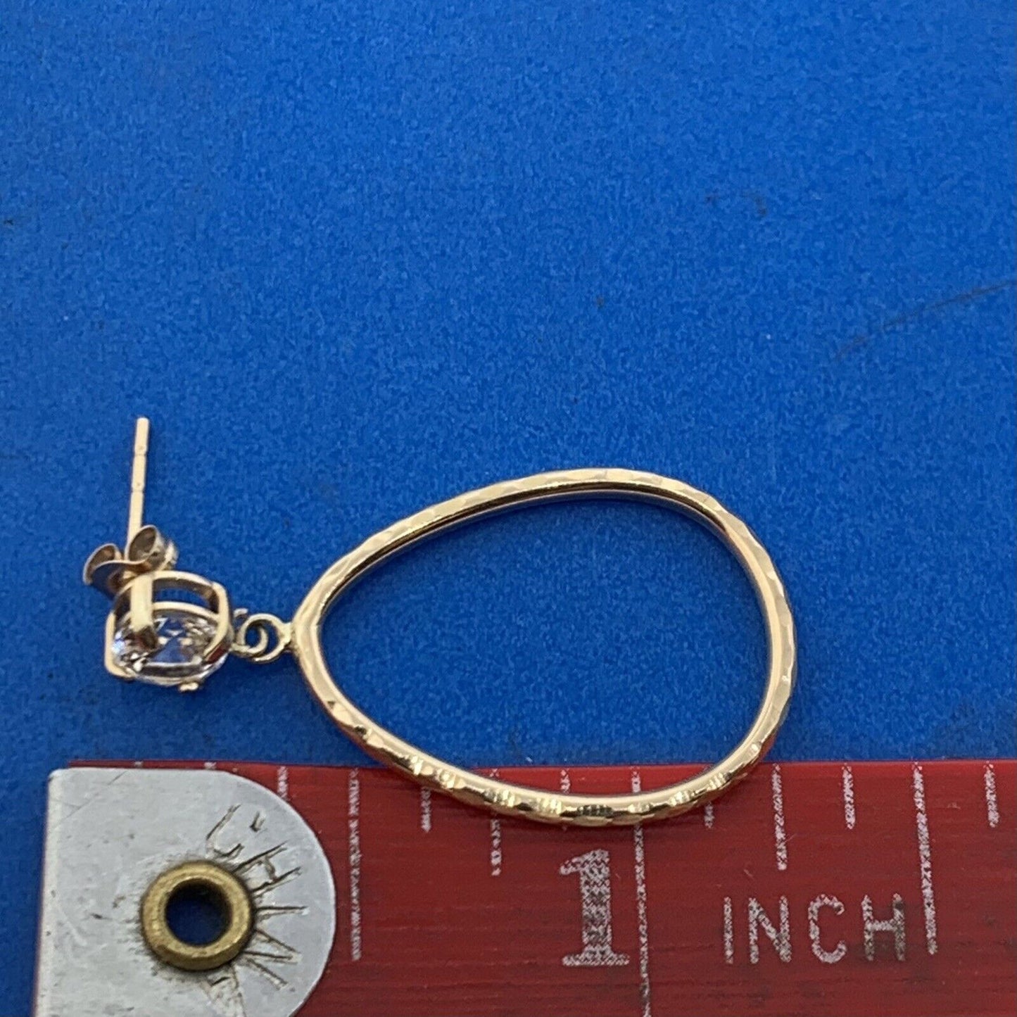 Designer 10K Yellow Gold White Sapphire Hammered Hoop Dangle Stud Earrings