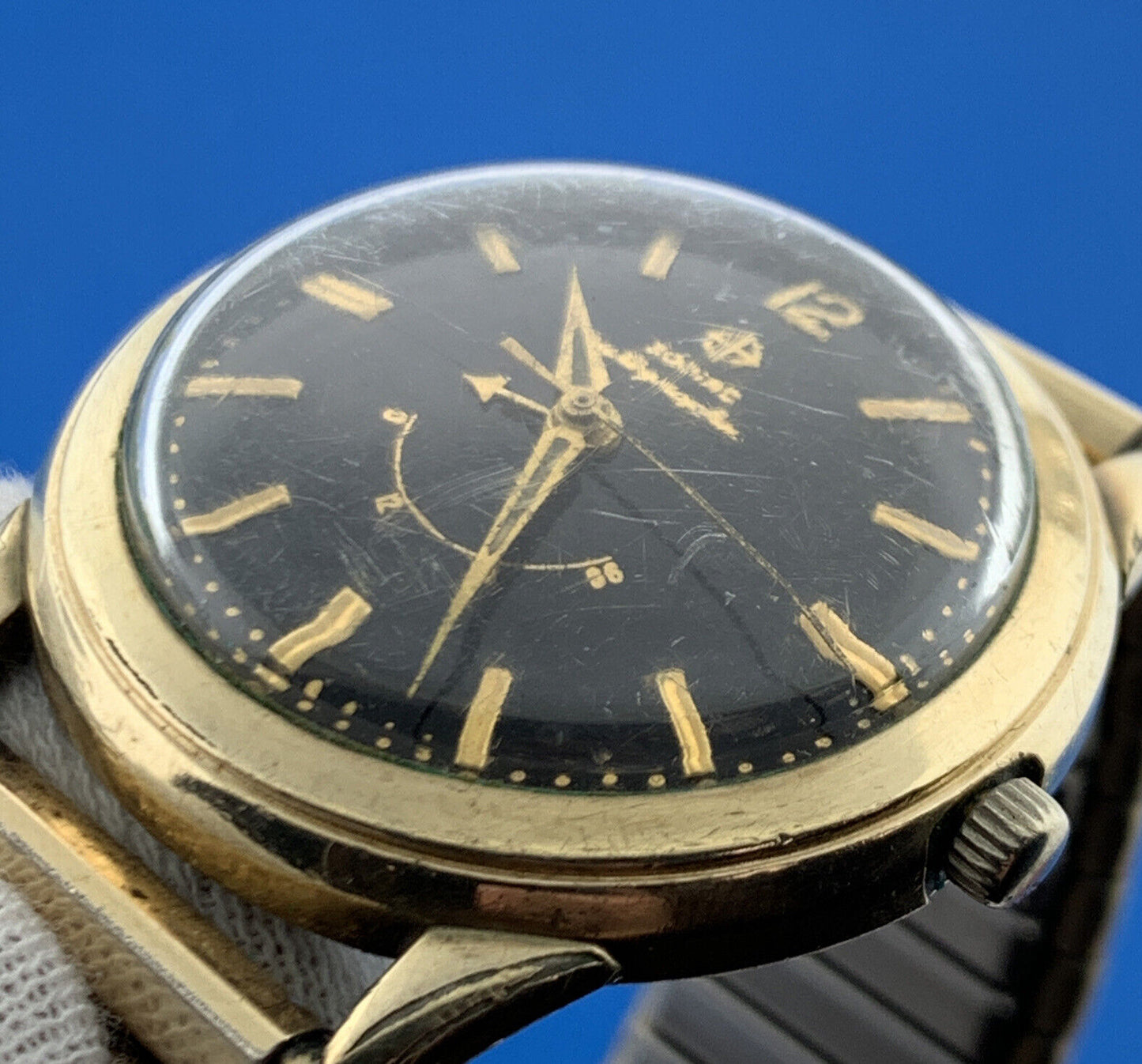 Mid Century Zodiac 10K Gold Filled Autographic Mens Flex Band Wrist Watch Runs