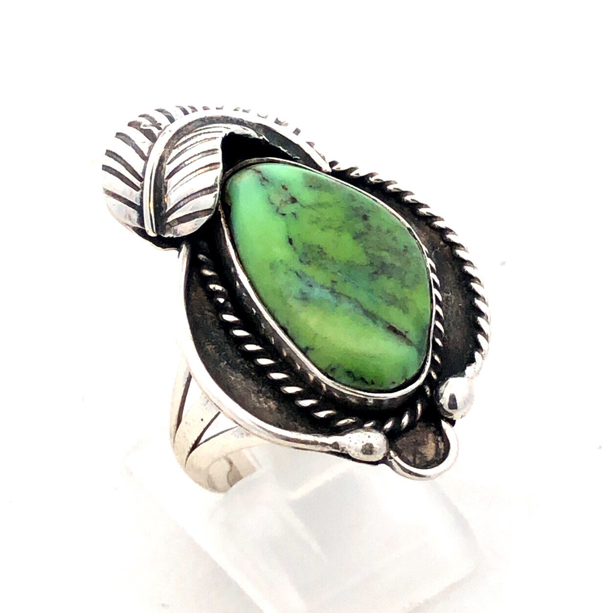 Native American 3 H Shop 925 Sterling Silver Green Turquoise Squash Blossom Ring