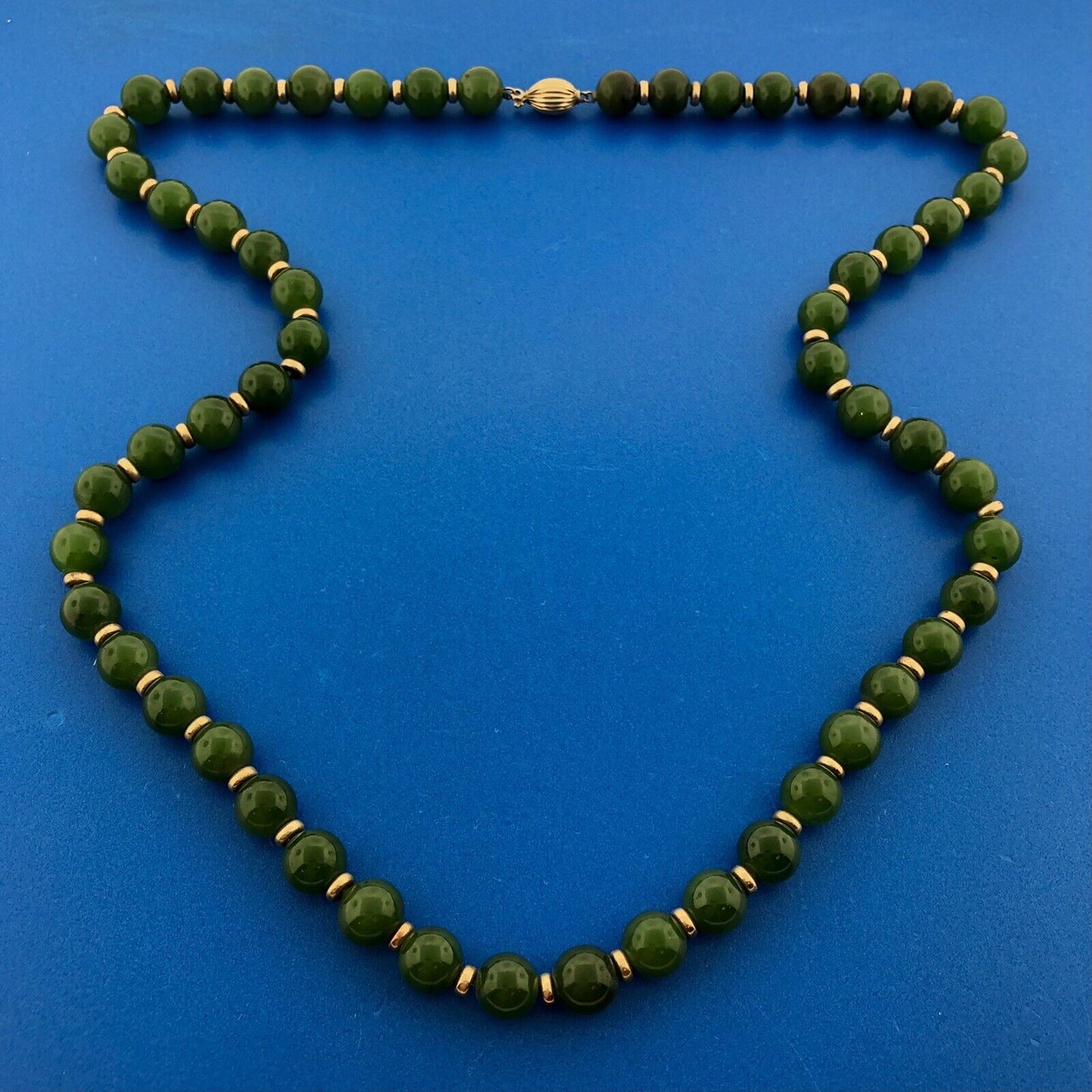 Gorgeous 14k Yellow Gold Cabochon Green Jade Bead Strand String 22.5" Necklace