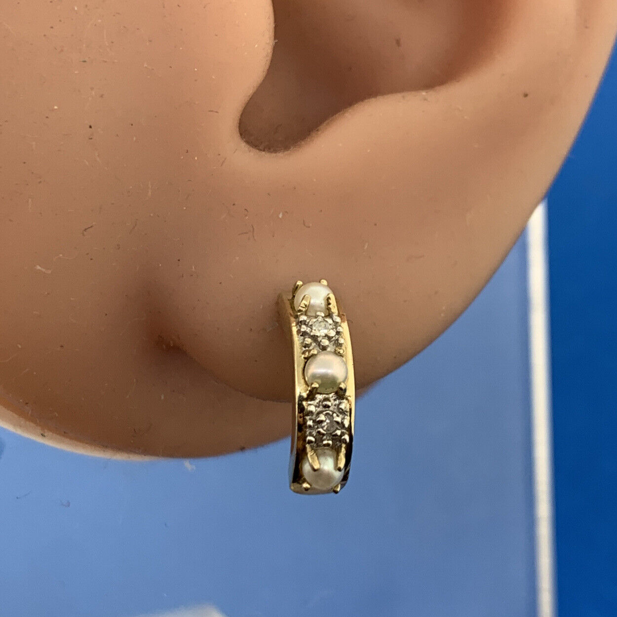 14K Yellow Gold Pearl Diamond Half Hoop Stud Earrings