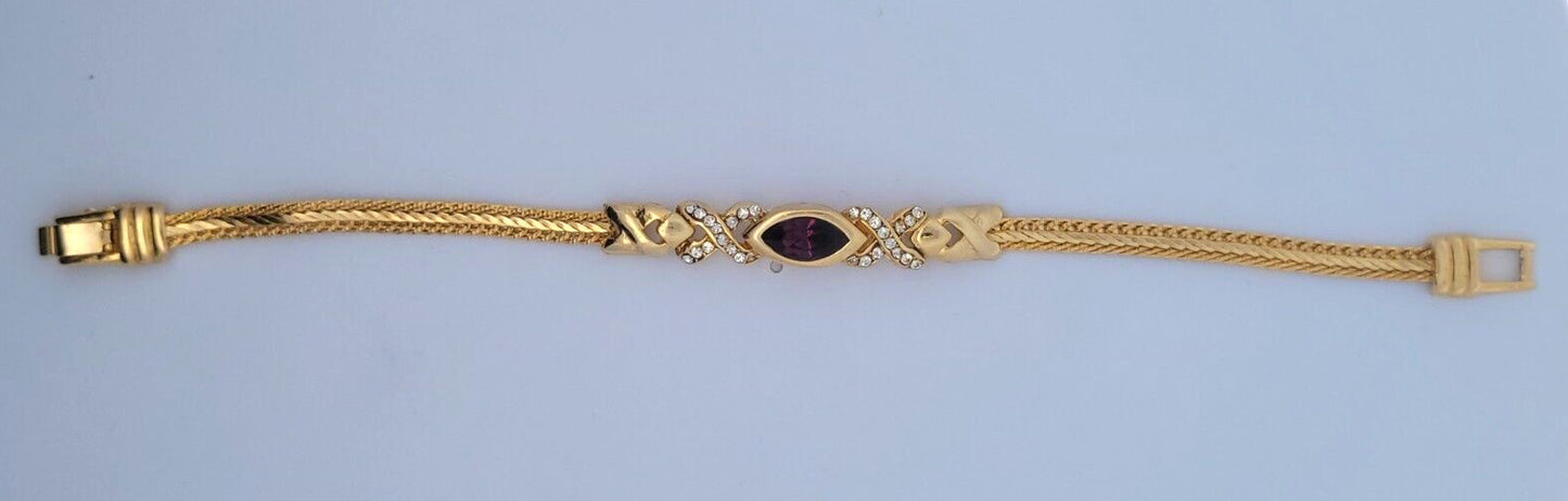 Vintage Swarovski America Ltd. Gold Tone Purple White Crystal XO Tennis Bracelet