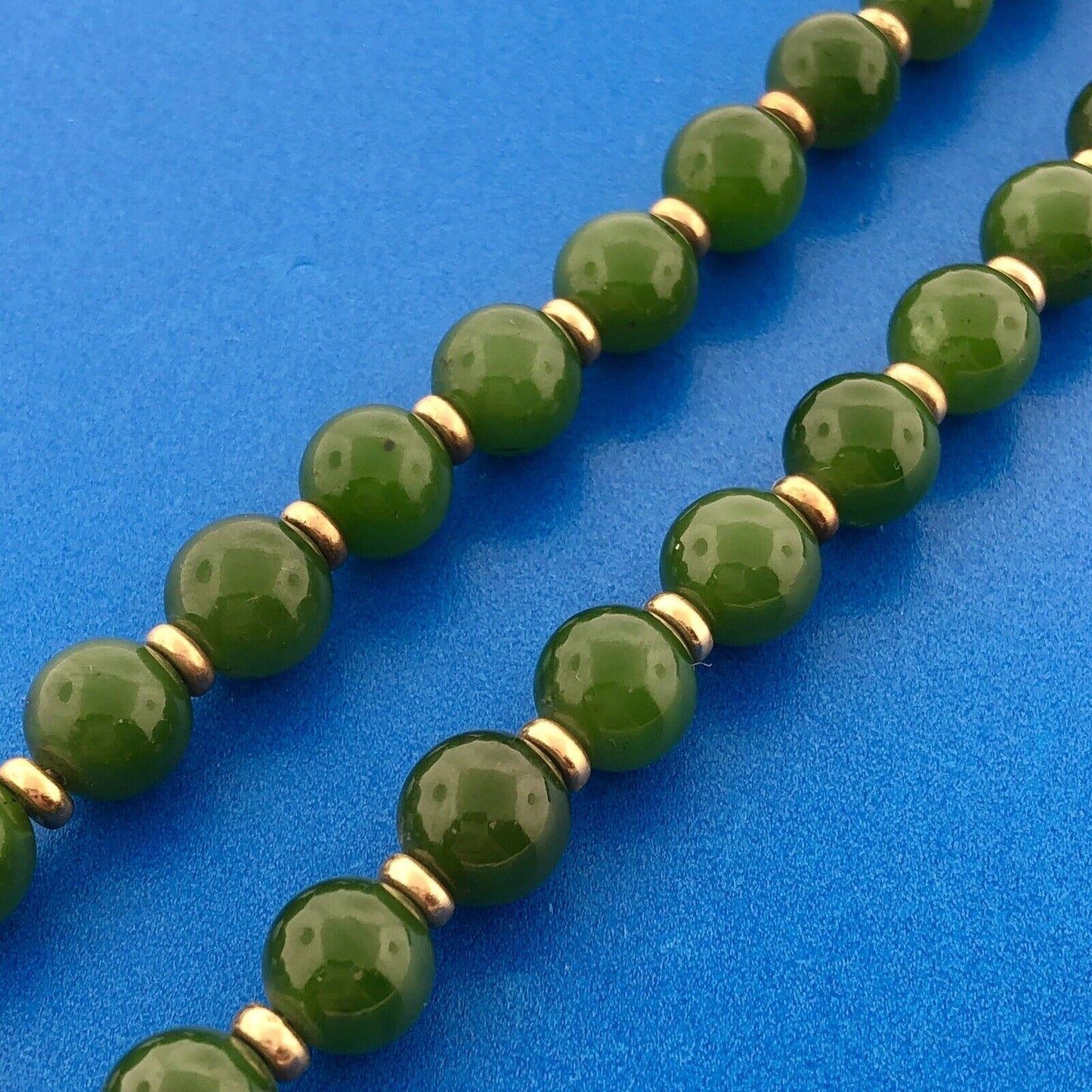 Gorgeous 14k Yellow Gold Cabochon Green Jade Bead Strand String 22.5" Necklace