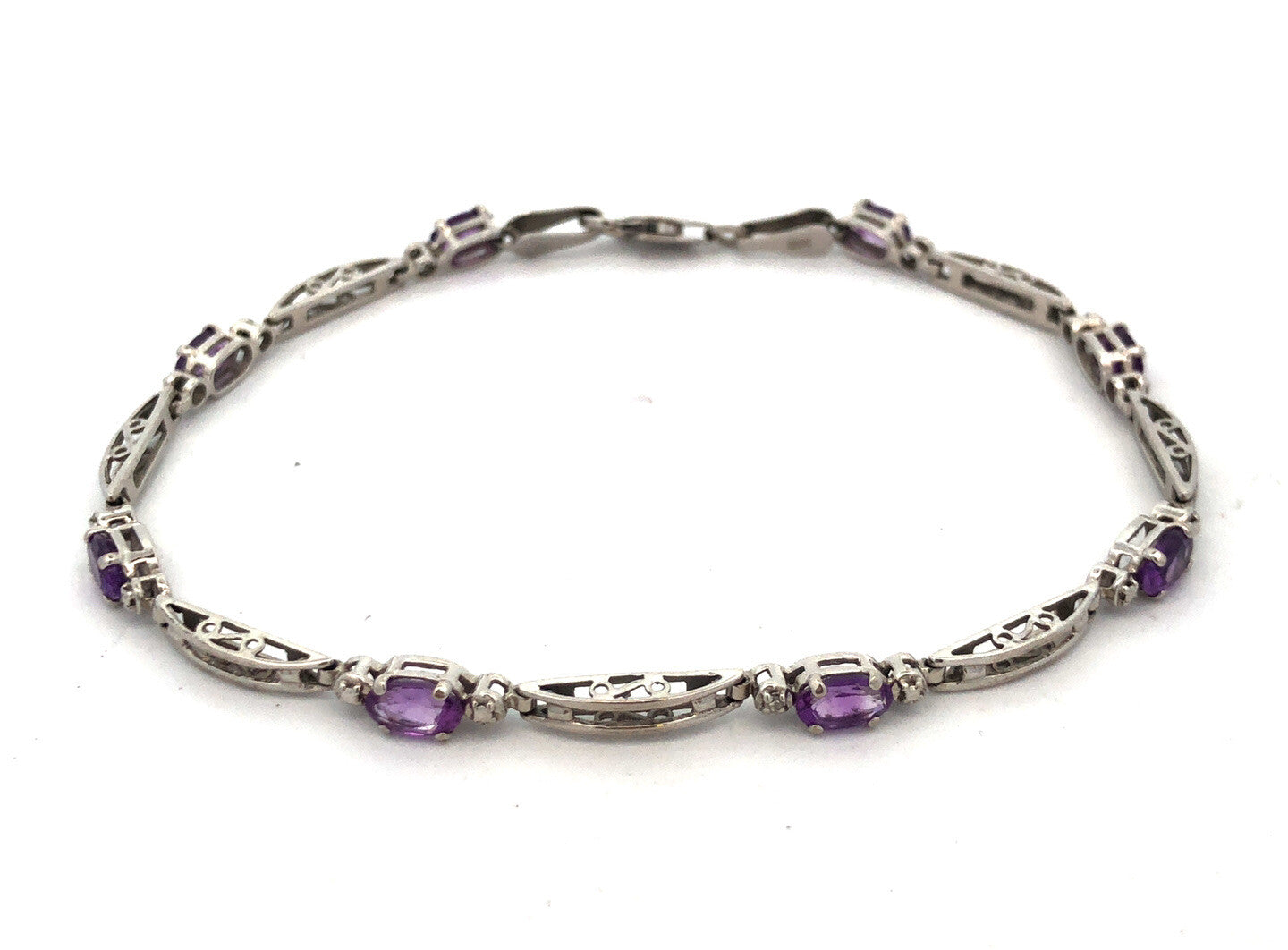 Designer Mexico 10K White Gold Oval Amethyst Diamond Accented Tennis Bracelet