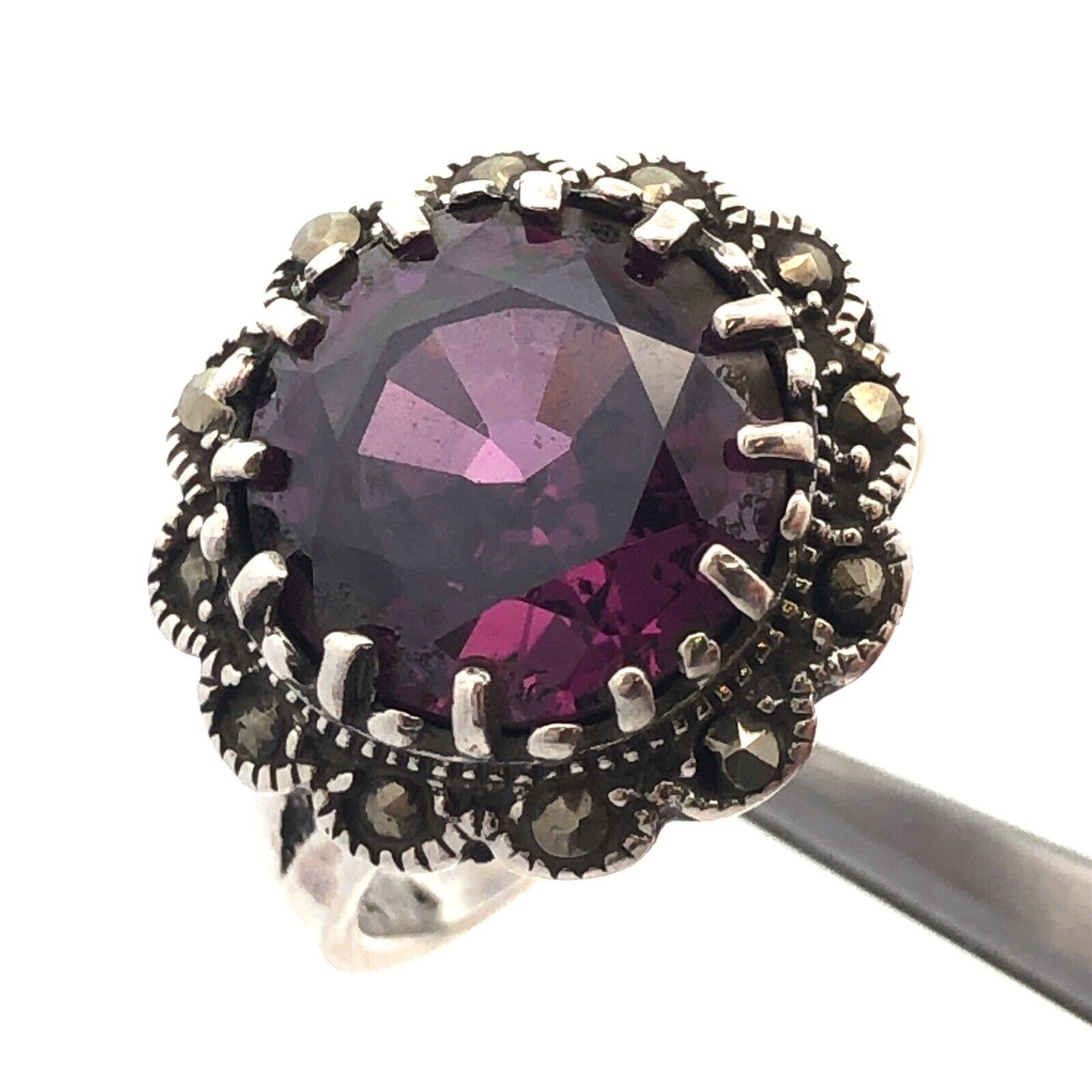 Vintage F 925 Sterling Silver Round Amethyst Marcasite Flower Cocktail Ring