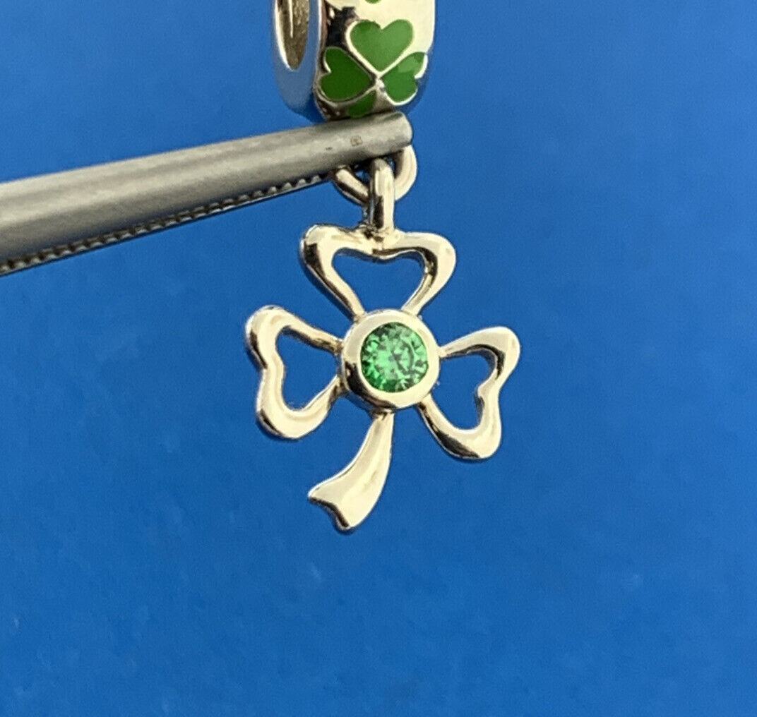 Tara's Diary 925 Sterling Silver Green CZ Enamel 3 Leaf Good Luck Clover Charm