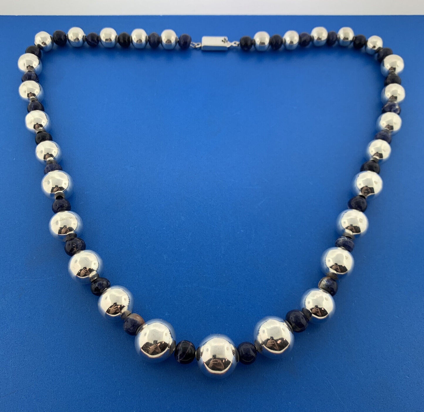 Taxco Mexico Designer TM-09 Sterling Silver 925 Lapis Bead 24" Strand Necklace
